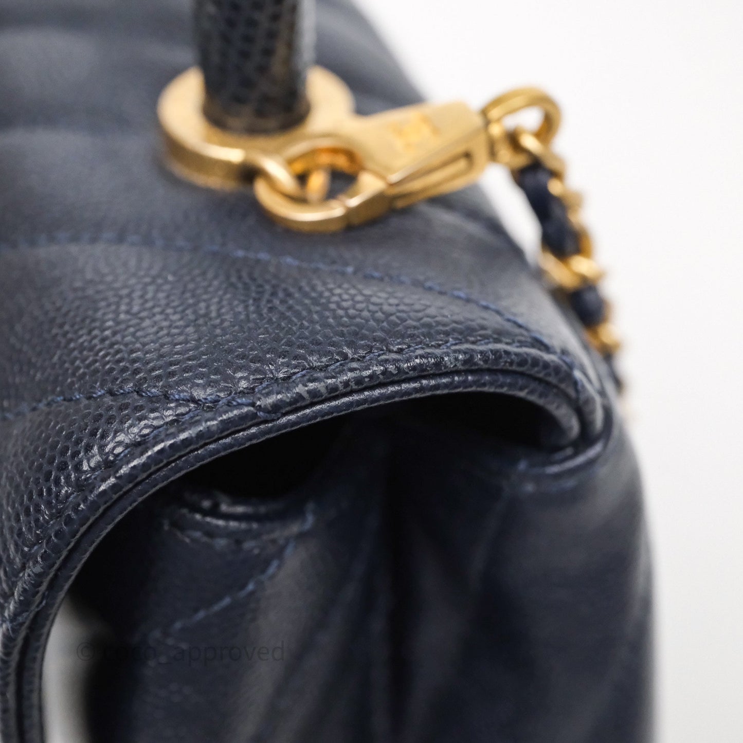 Chanel Small Coco Handle Chevron Navy Caviar Aged Gold Hardware Lizard Handle