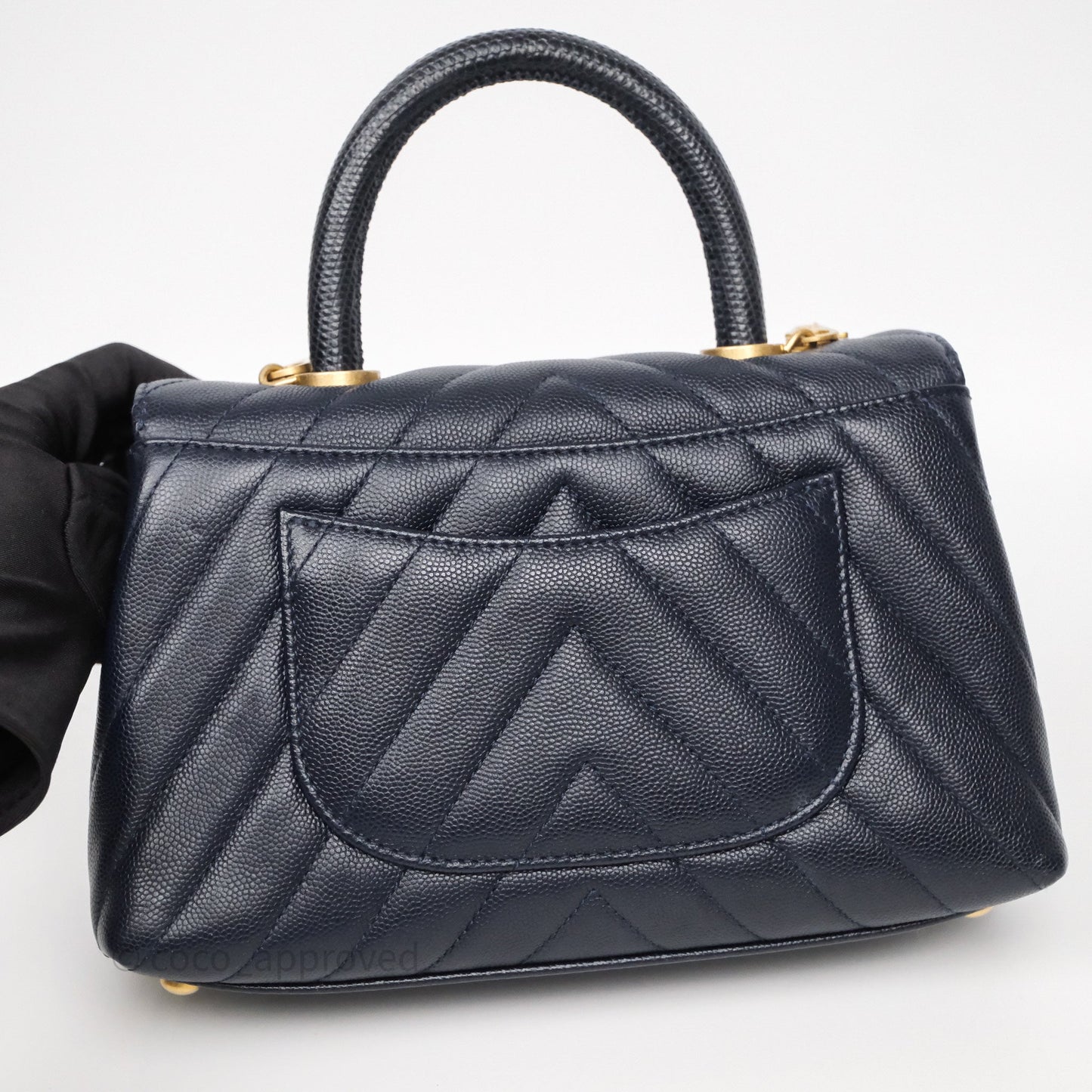 Chanel Small Coco Handle Chevron Navy Caviar Aged Gold Hardware Lizard Handle