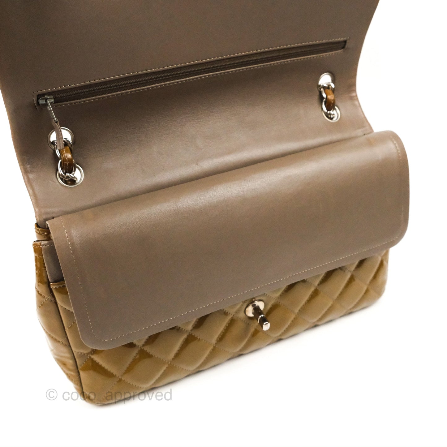 Chanel Jumbo Double Flap Brown Patent Silver Hardware⁣⁣