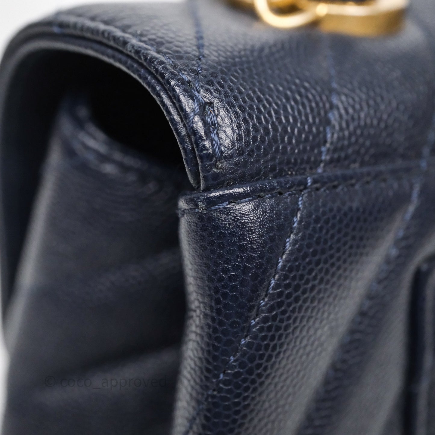 Chanel Small Coco Handle Chevron Navy Caviar Aged Gold Hardware Lizard Handle