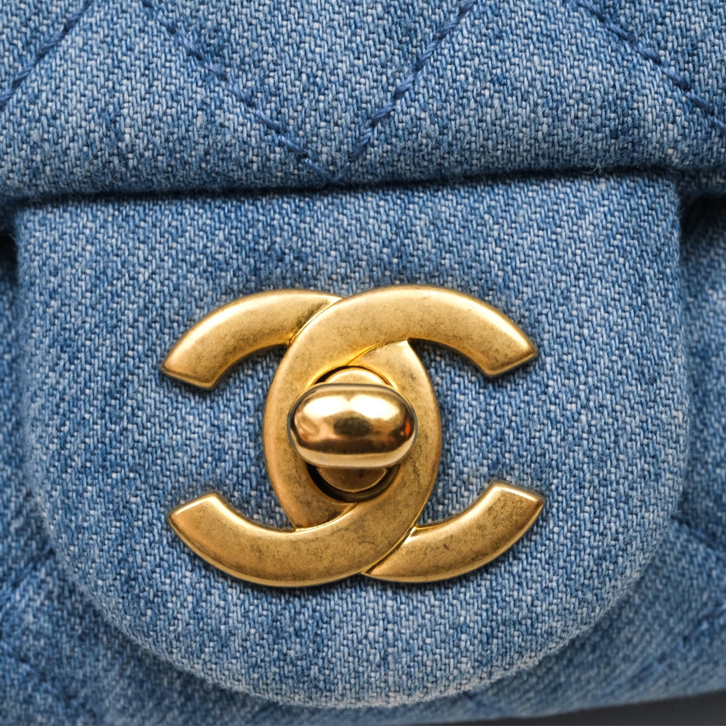 Chanel Mini Square Pearl Crush Quilted Denim Aged Gold Hardware