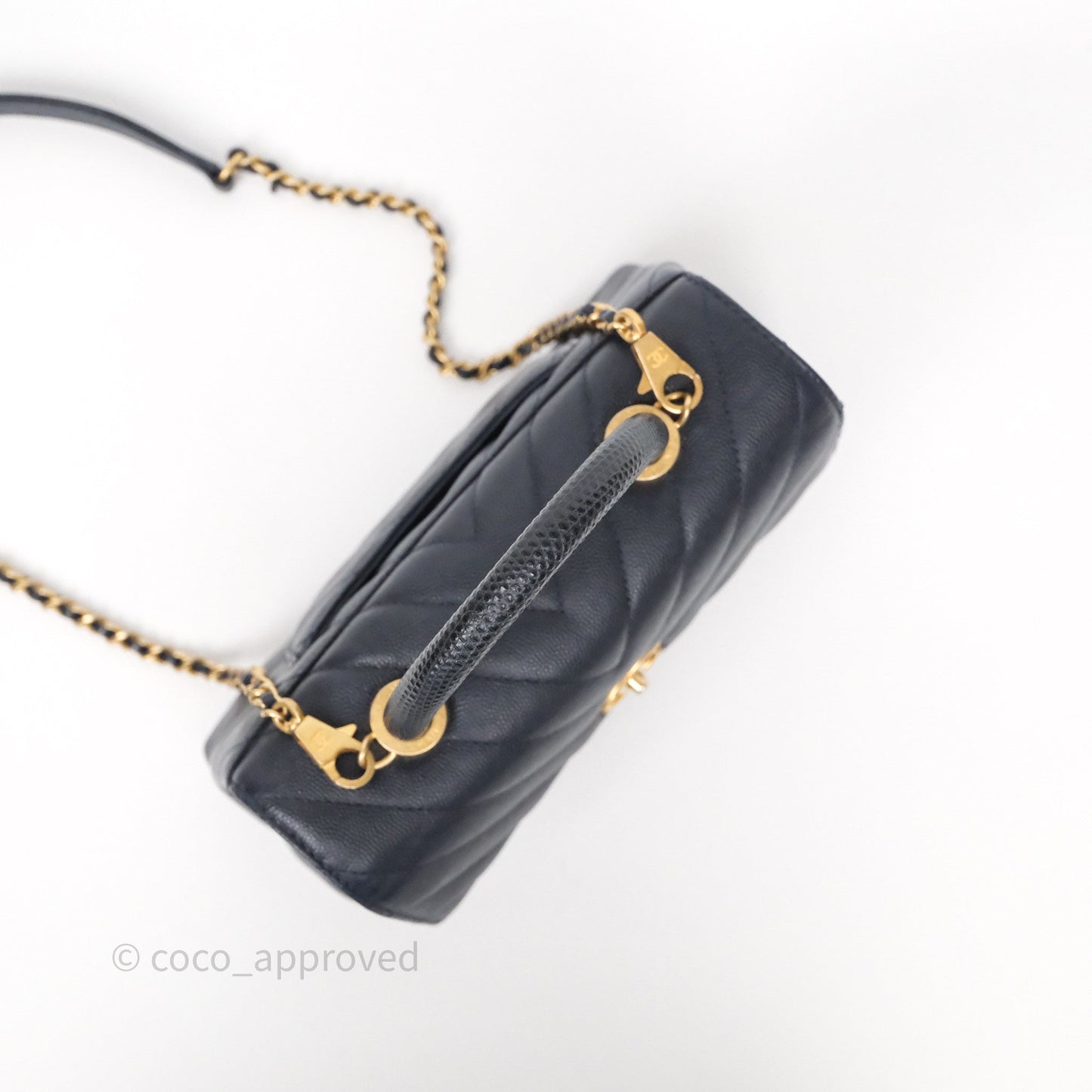 Chanel Small Coco Handle Chevron Navy Caviar Aged Gold Hardware Lizard Handle
