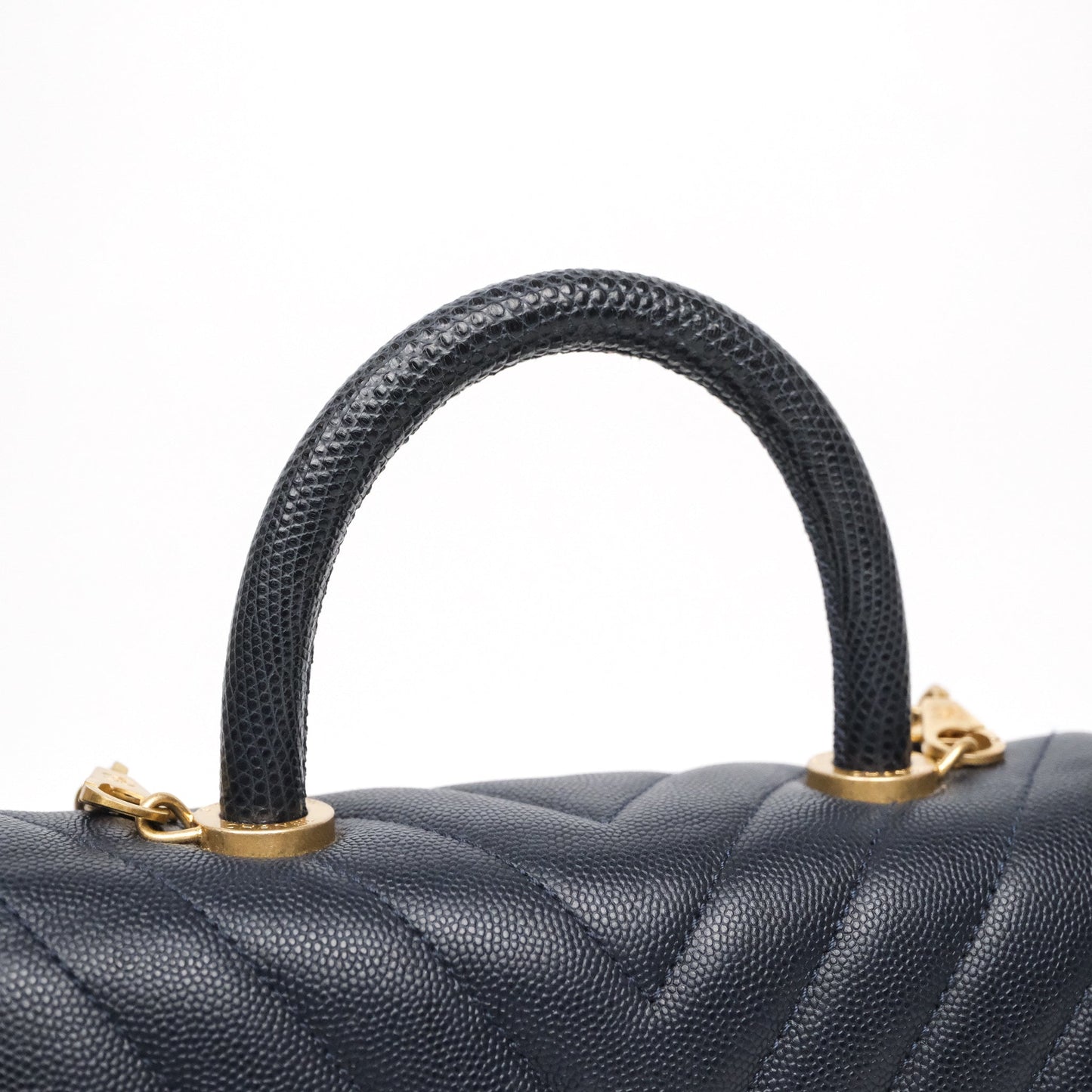 Chanel Small Coco Handle Chevron Navy Caviar Aged Gold Hardware Lizard Handle