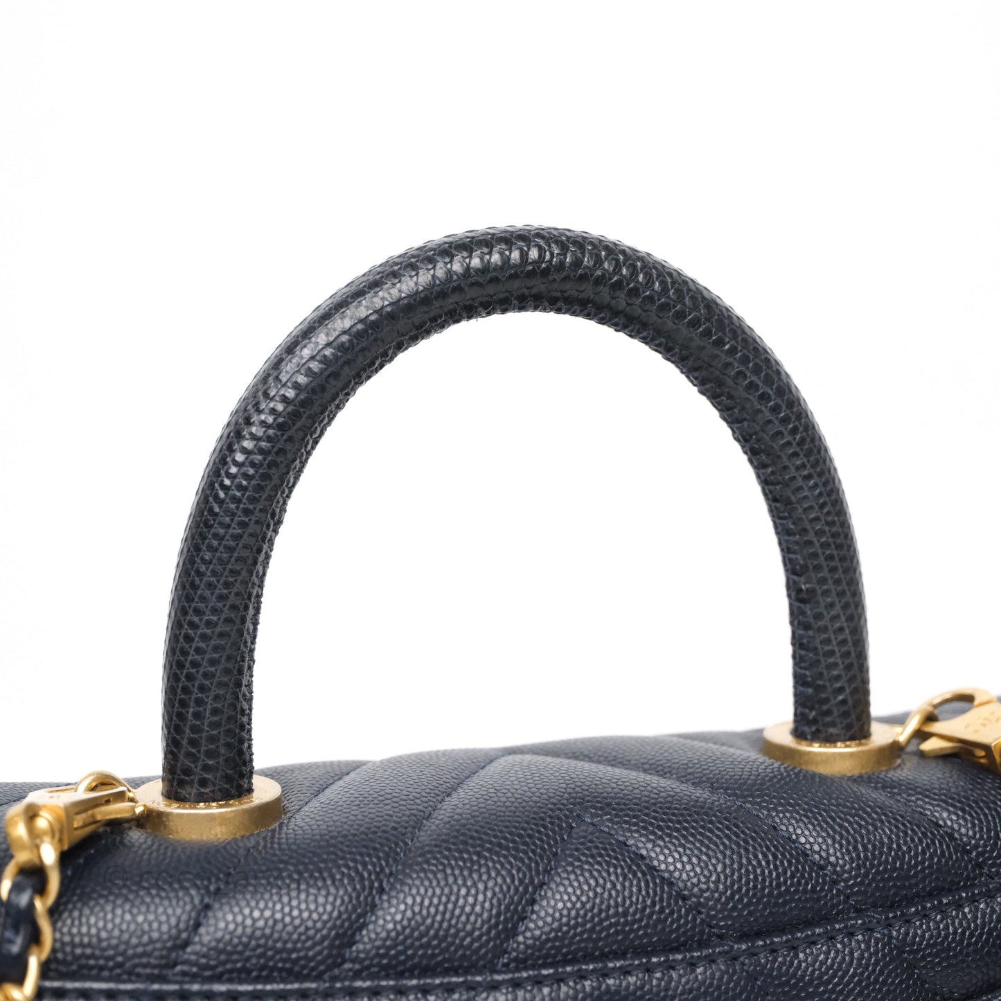 Chanel Small Coco Handle Chevron Navy Caviar Aged Gold Hardware Lizard Handle