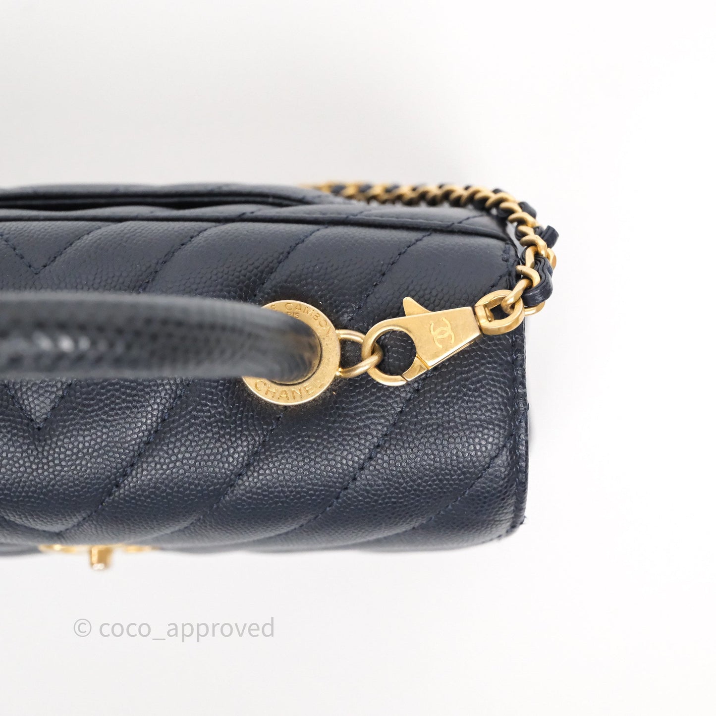 Chanel Small Coco Handle Chevron Navy Caviar Aged Gold Hardware Lizard Handle