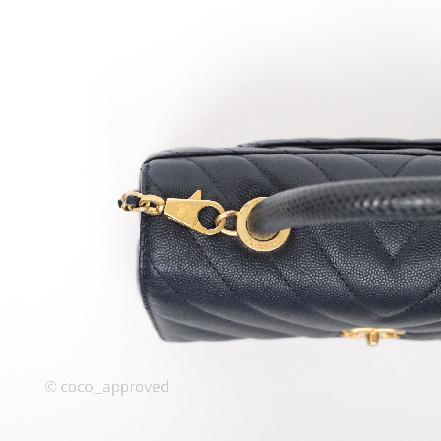 Chanel Small Coco Handle Chevron Navy Caviar Aged Gold Hardware Lizard Handle