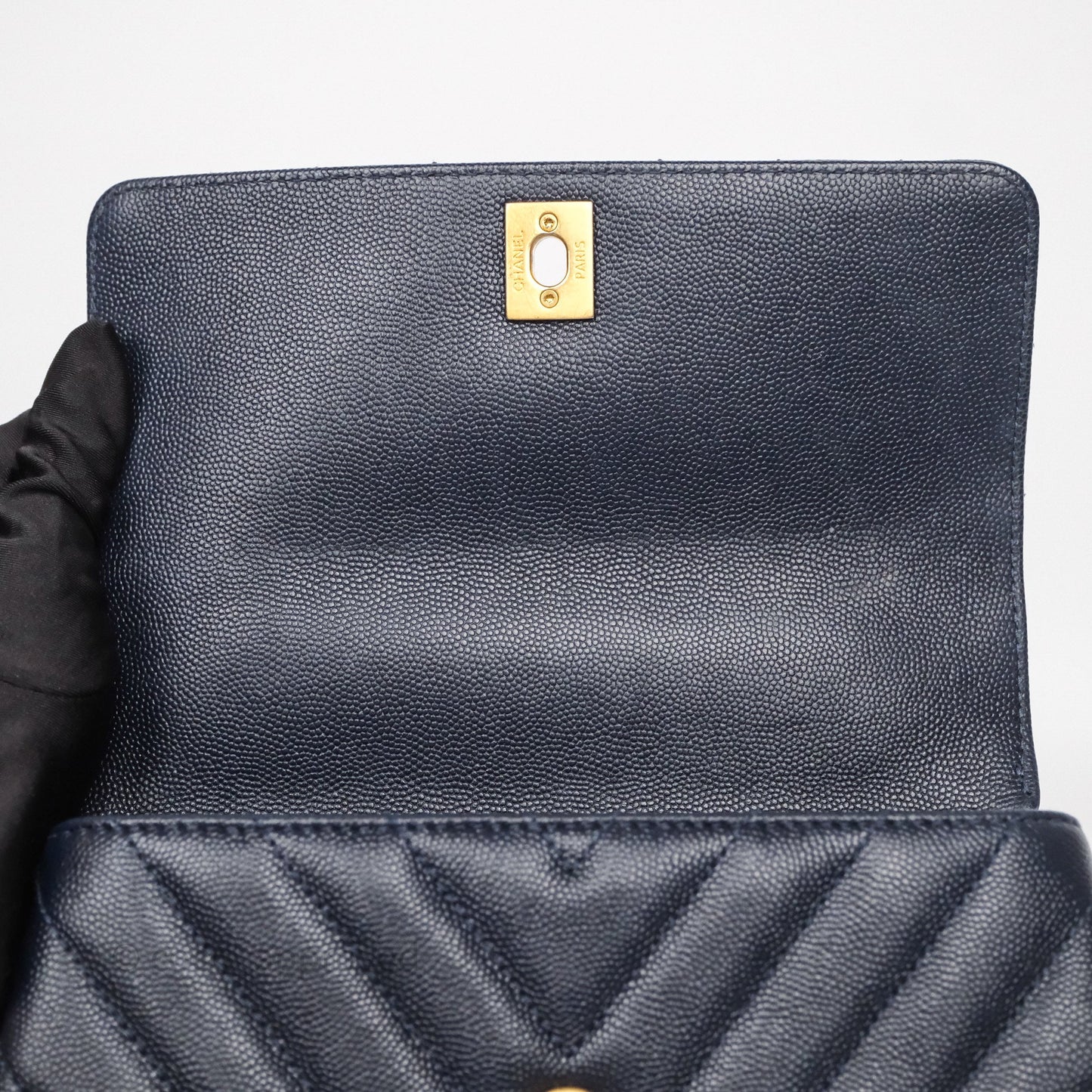 Chanel Small Coco Handle Chevron Navy Caviar Aged Gold Hardware Lizard Handle