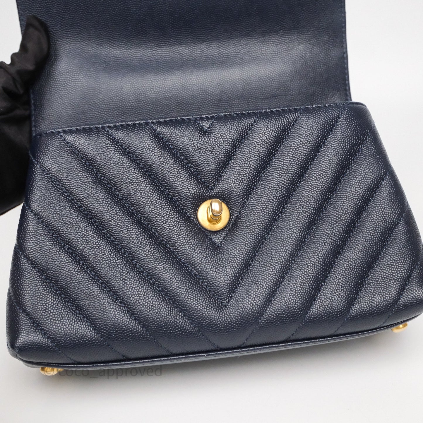 Chanel Small Coco Handle Chevron Navy Caviar Aged Gold Hardware Lizard Handle