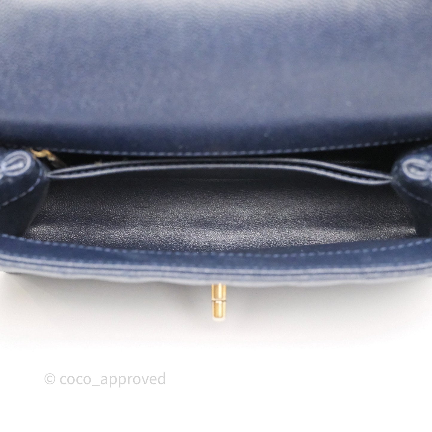 Chanel Small Coco Handle Chevron Navy Caviar Aged Gold Hardware Lizard Handle