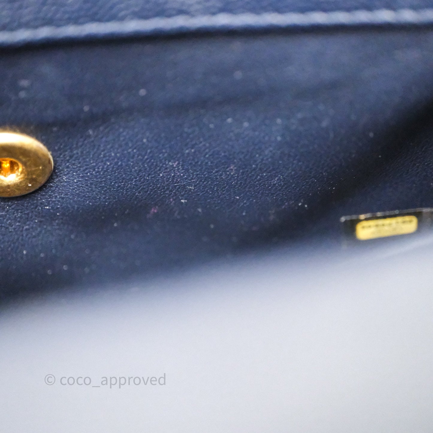 Chanel Small Coco Handle Chevron Navy Caviar Aged Gold Hardware Lizard Handle