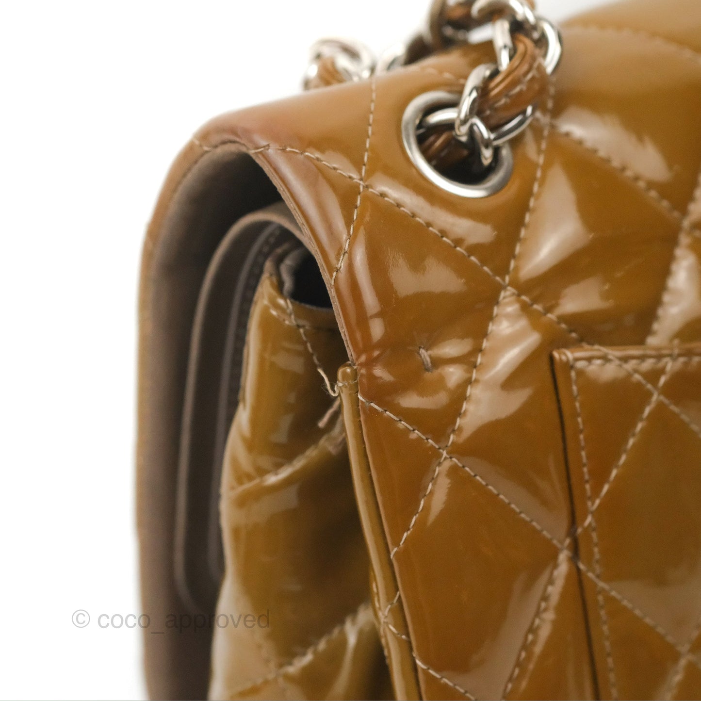 Chanel Jumbo Double Flap Brown Patent Silver Hardware⁣⁣
