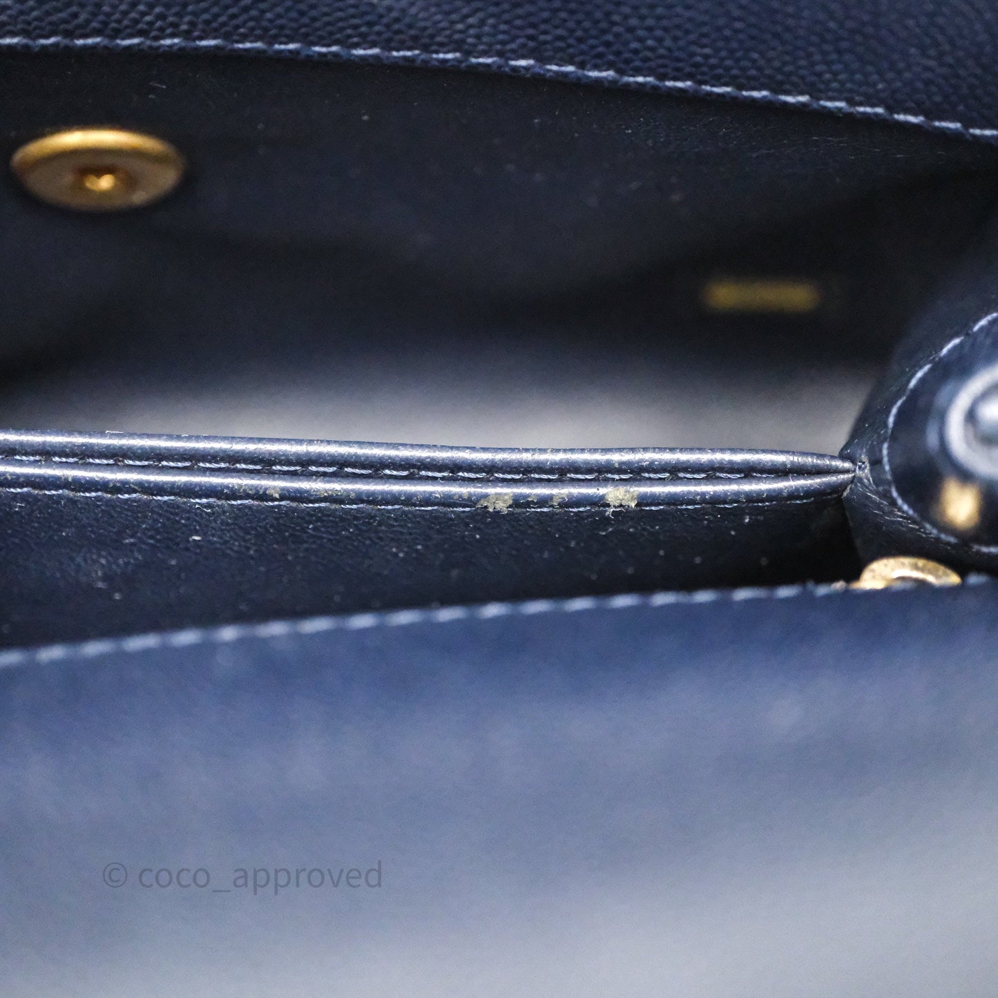 Chanel Small Coco Handle Chevron Navy Caviar Aged Gold Hardware Lizard Handle