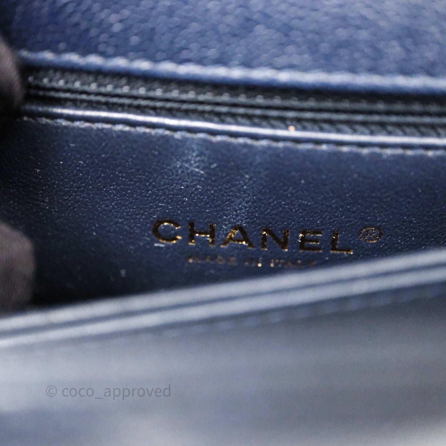 Chanel Small Coco Handle Chevron Navy Caviar Aged Gold Hardware Lizard Handle