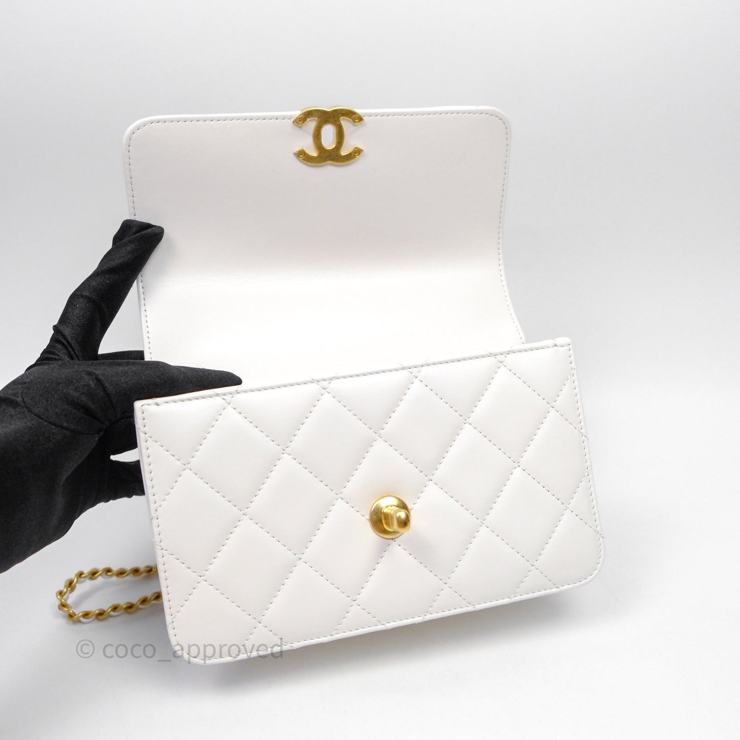 Chanel Quilted Perfect Fit Adjustable White Calfskin Aged Gold Hardware