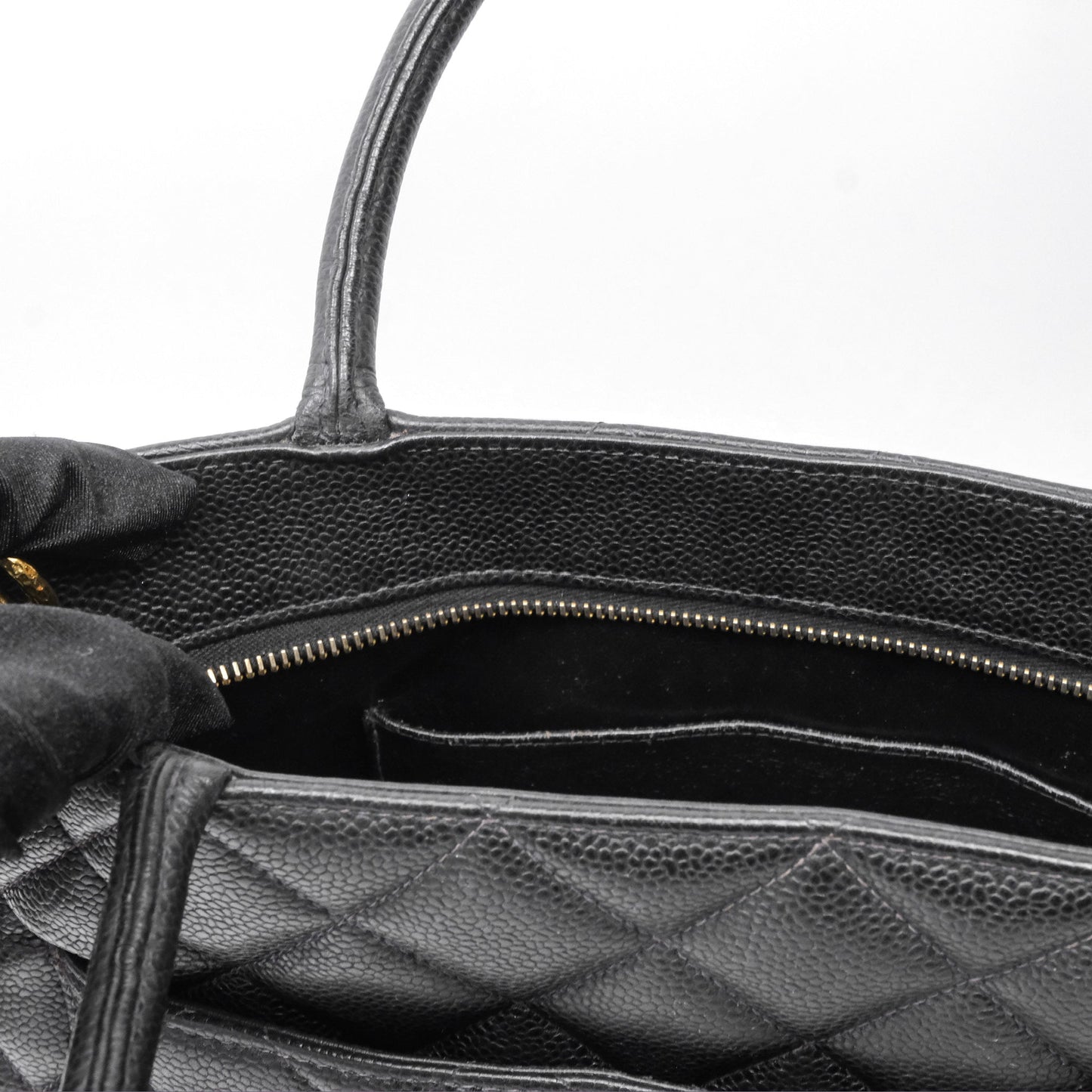 Chanel Vintage Medallion CC Black Caviar Tote Bag Gold Hardware