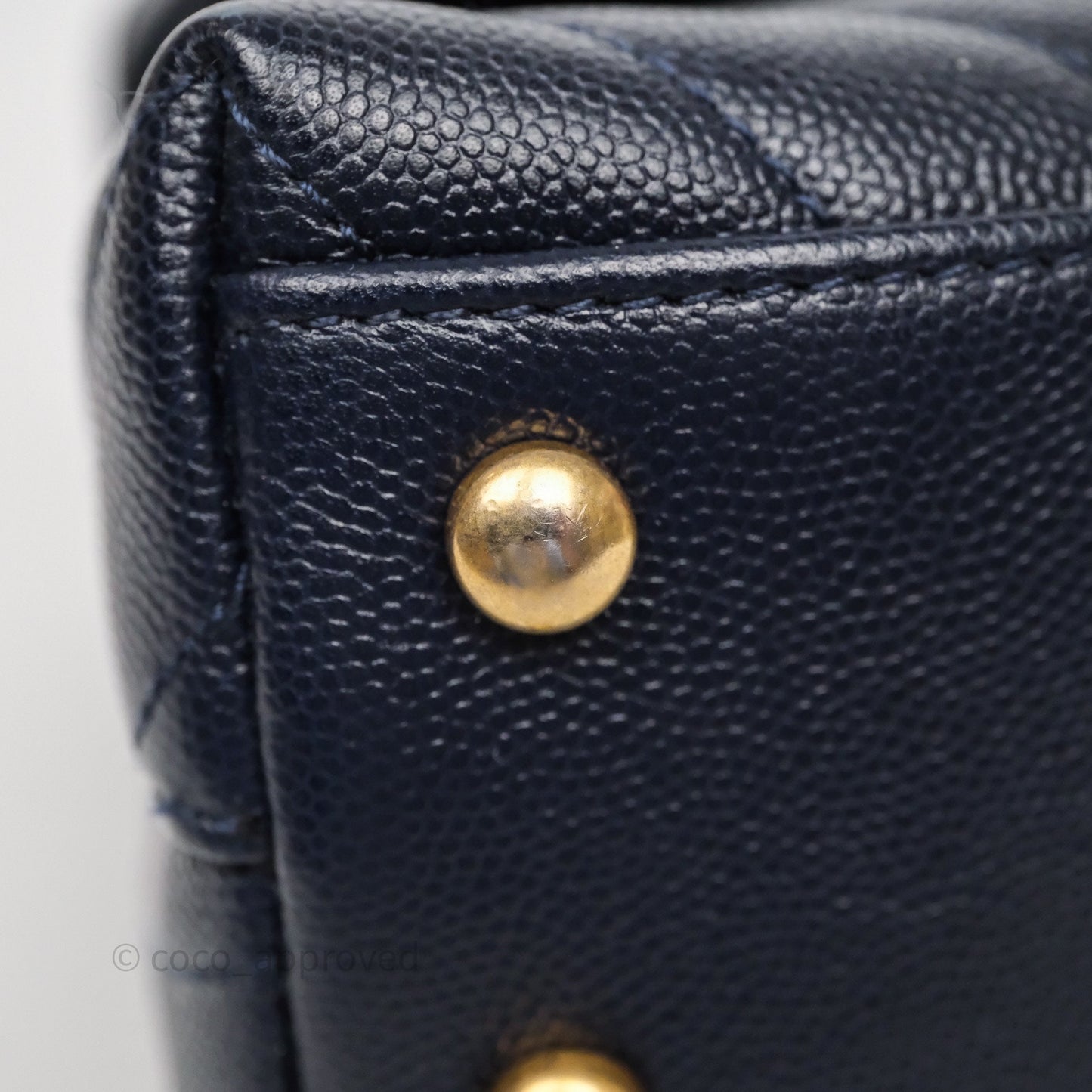 Chanel Small Coco Handle Chevron Navy Caviar Aged Gold Hardware Lizard Handle