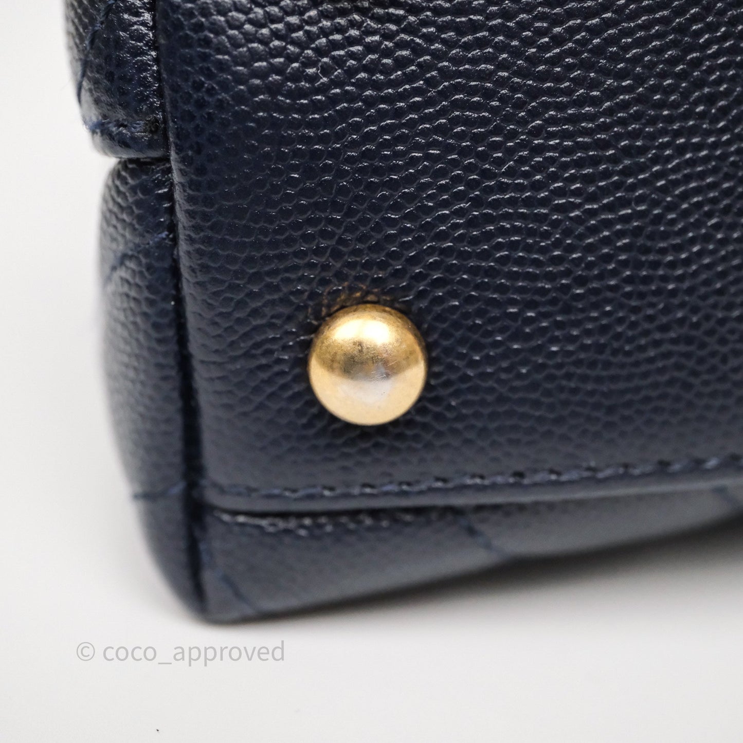 Chanel Small Coco Handle Chevron Navy Caviar Aged Gold Hardware Lizard Handle