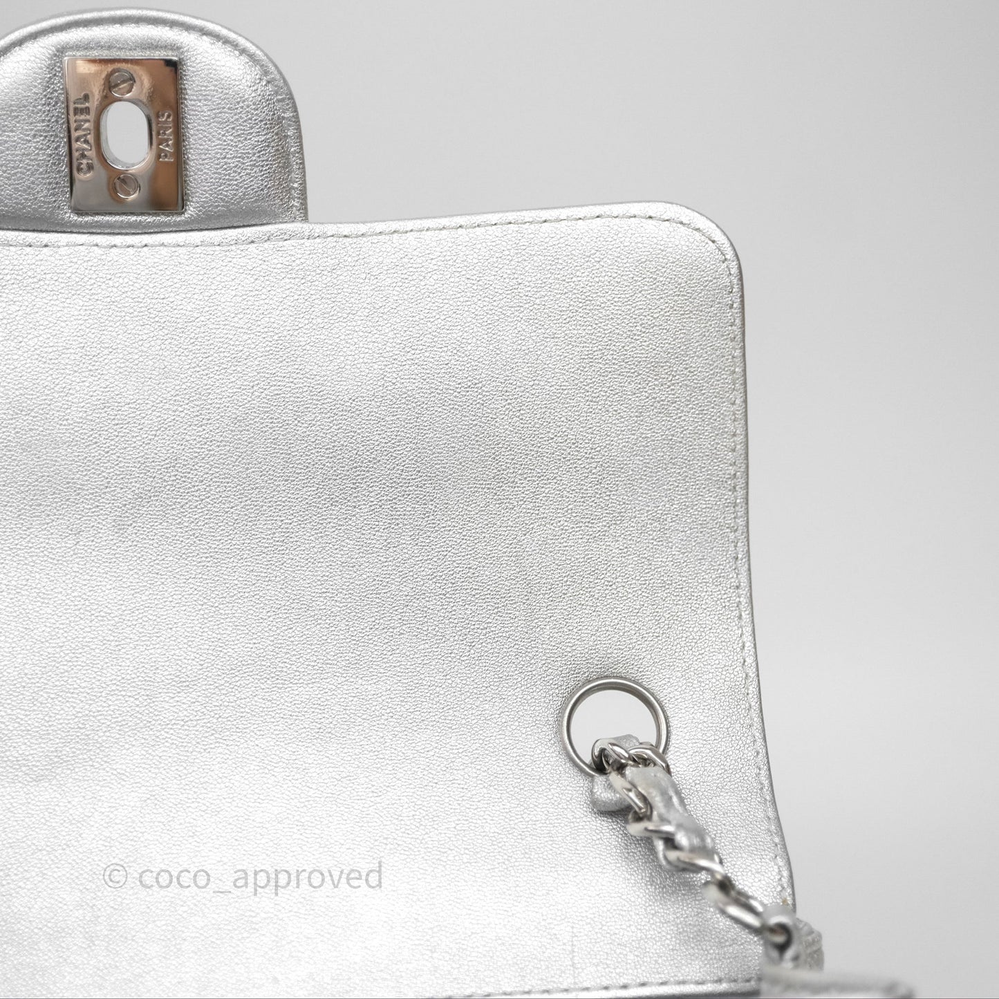 Chanel Quilted Mini Rectangular Flap Metallic Silver Lambskin Silver Hardware