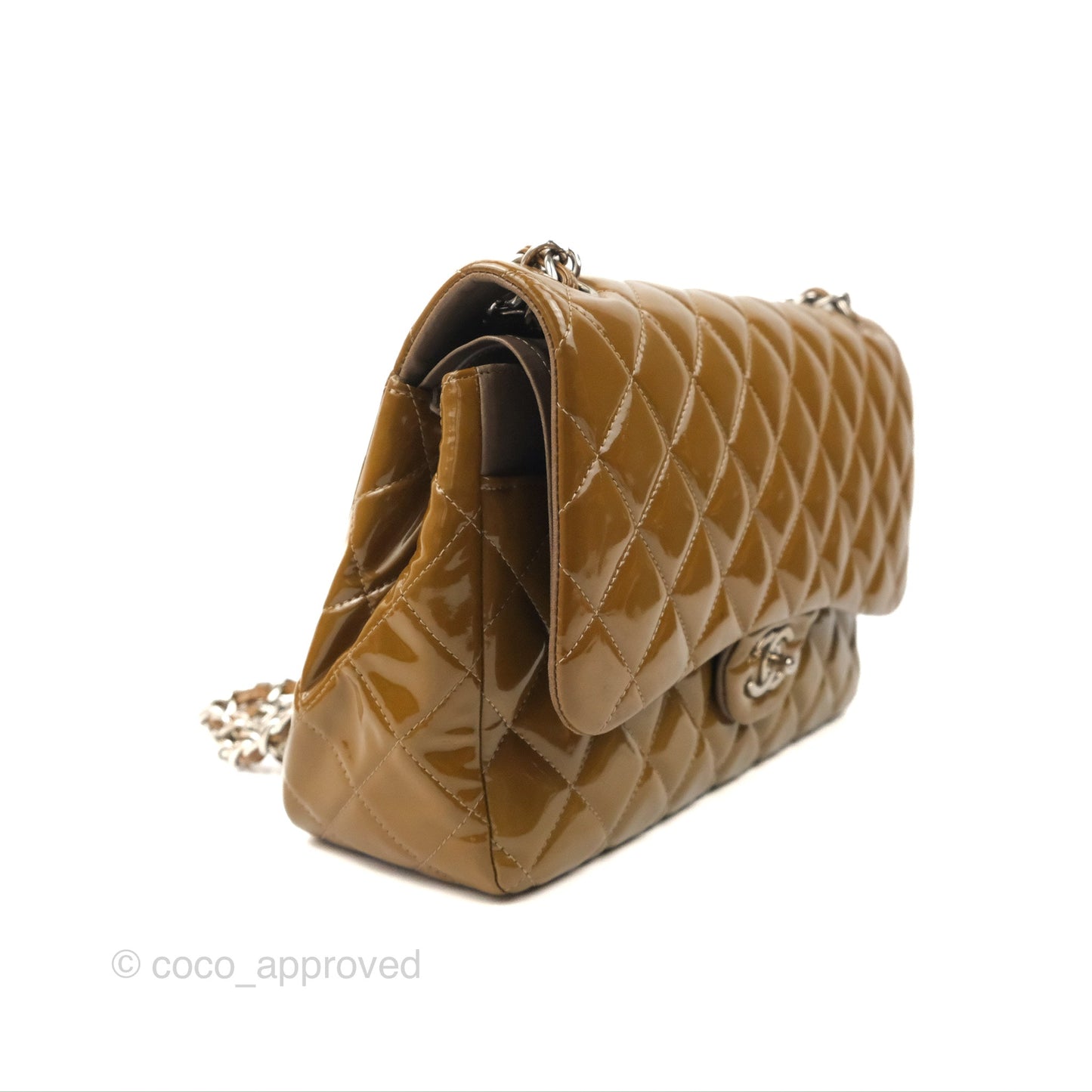 Chanel Jumbo Double Flap Brown Patent Silver Hardware⁣⁣