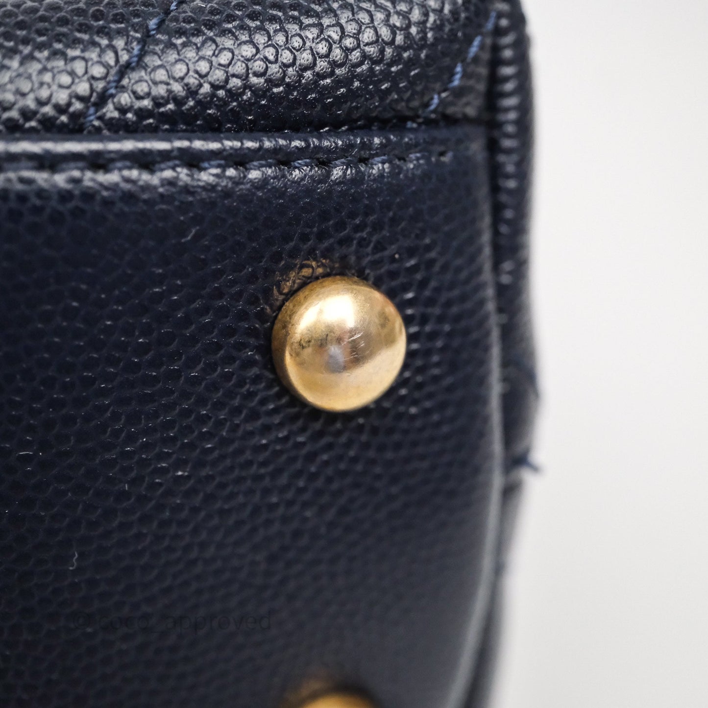 Chanel Small Coco Handle Chevron Navy Caviar Aged Gold Hardware Lizard Handle