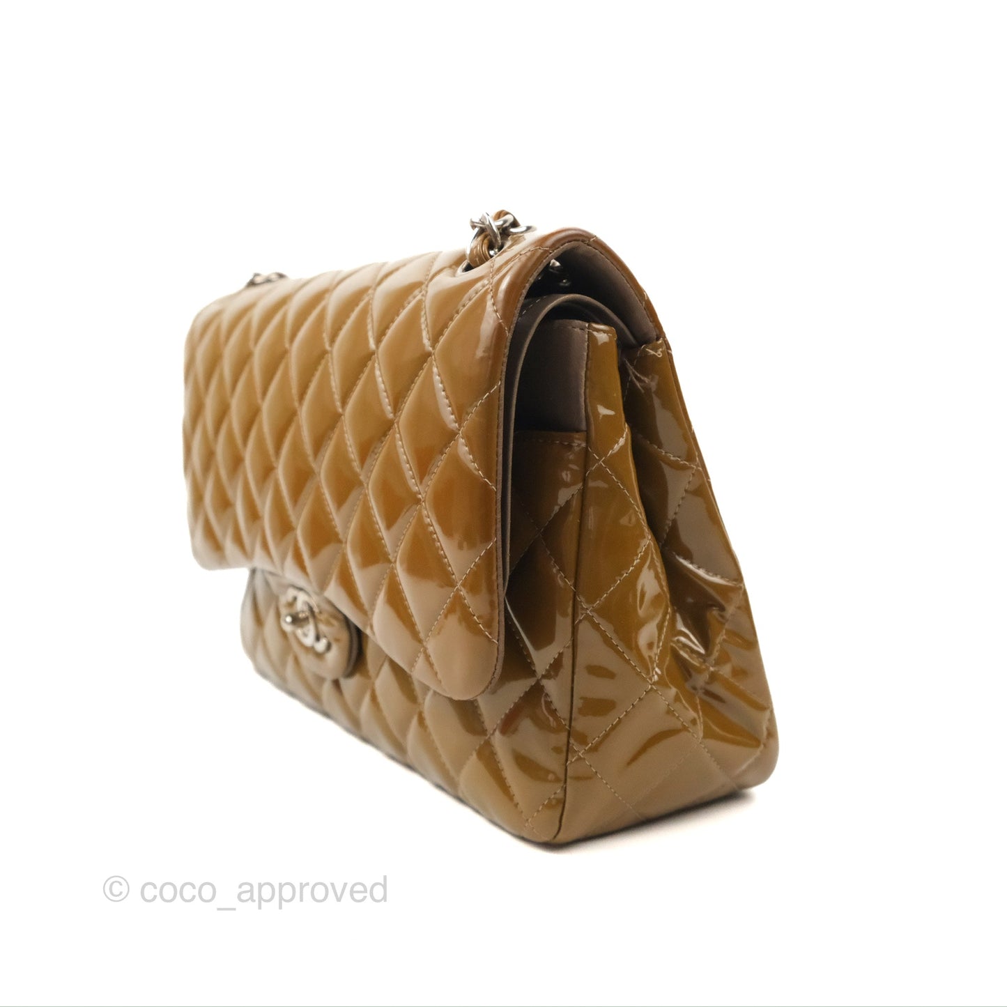 Chanel Jumbo Double Flap Brown Patent Silver Hardware⁣⁣