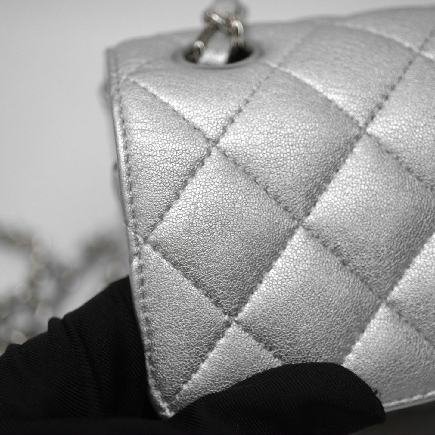 Chanel Quilted Mini Rectangular Flap Metallic Silver Lambskin Silver Hardware
