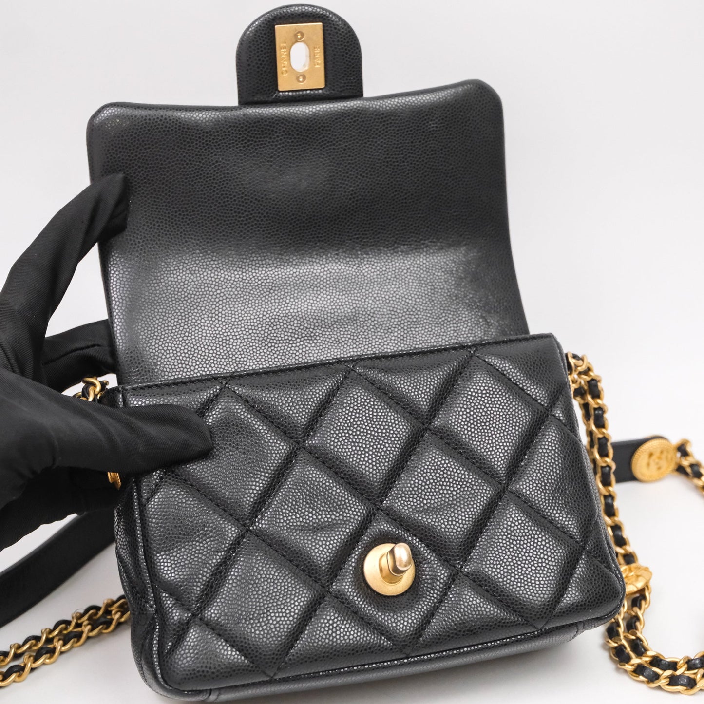 Chanel Twist Your Buttons Caviar Coin Purse Chain Black Bag Gold Hardware