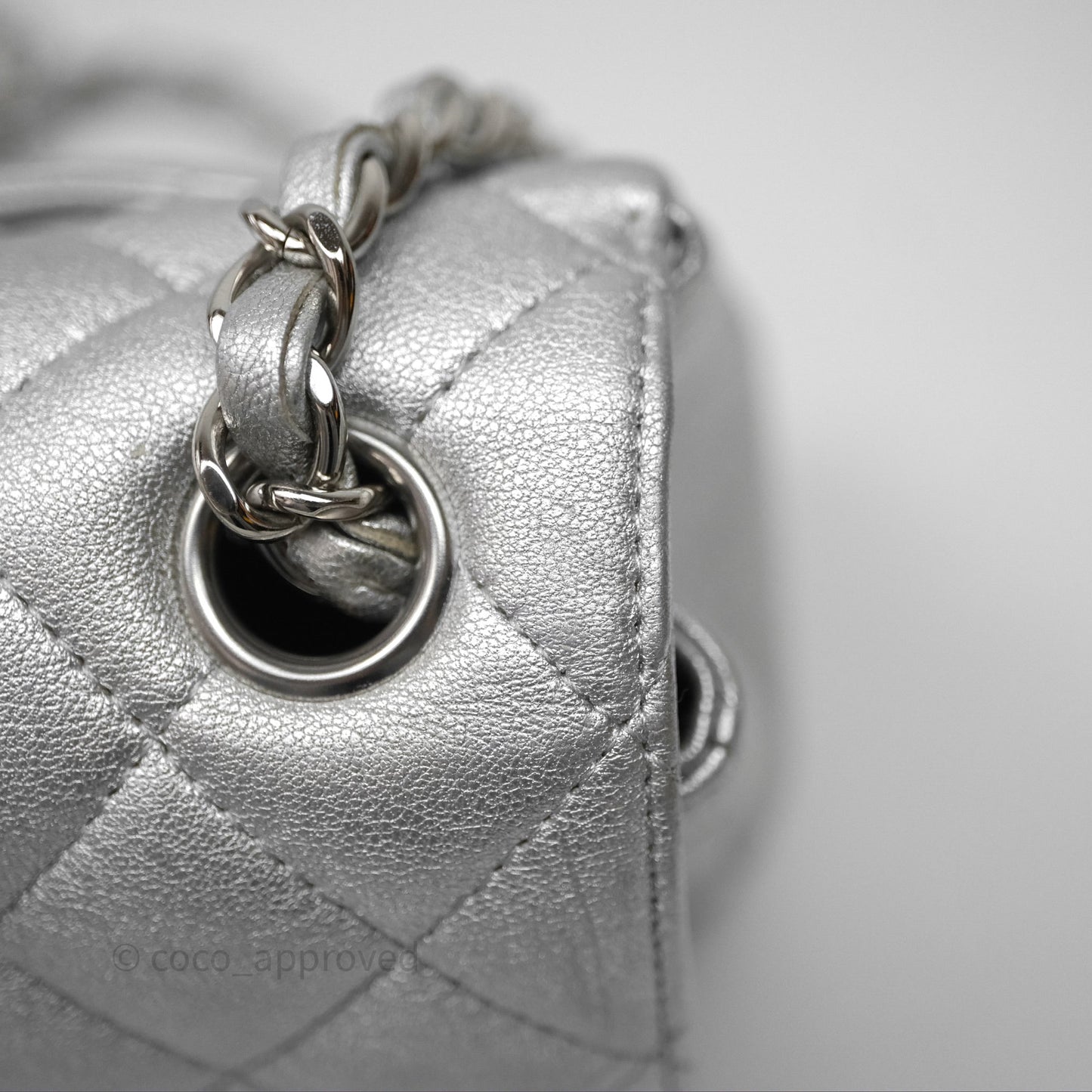 Chanel Quilted Mini Rectangular Flap Metallic Silver Lambskin Silver Hardware