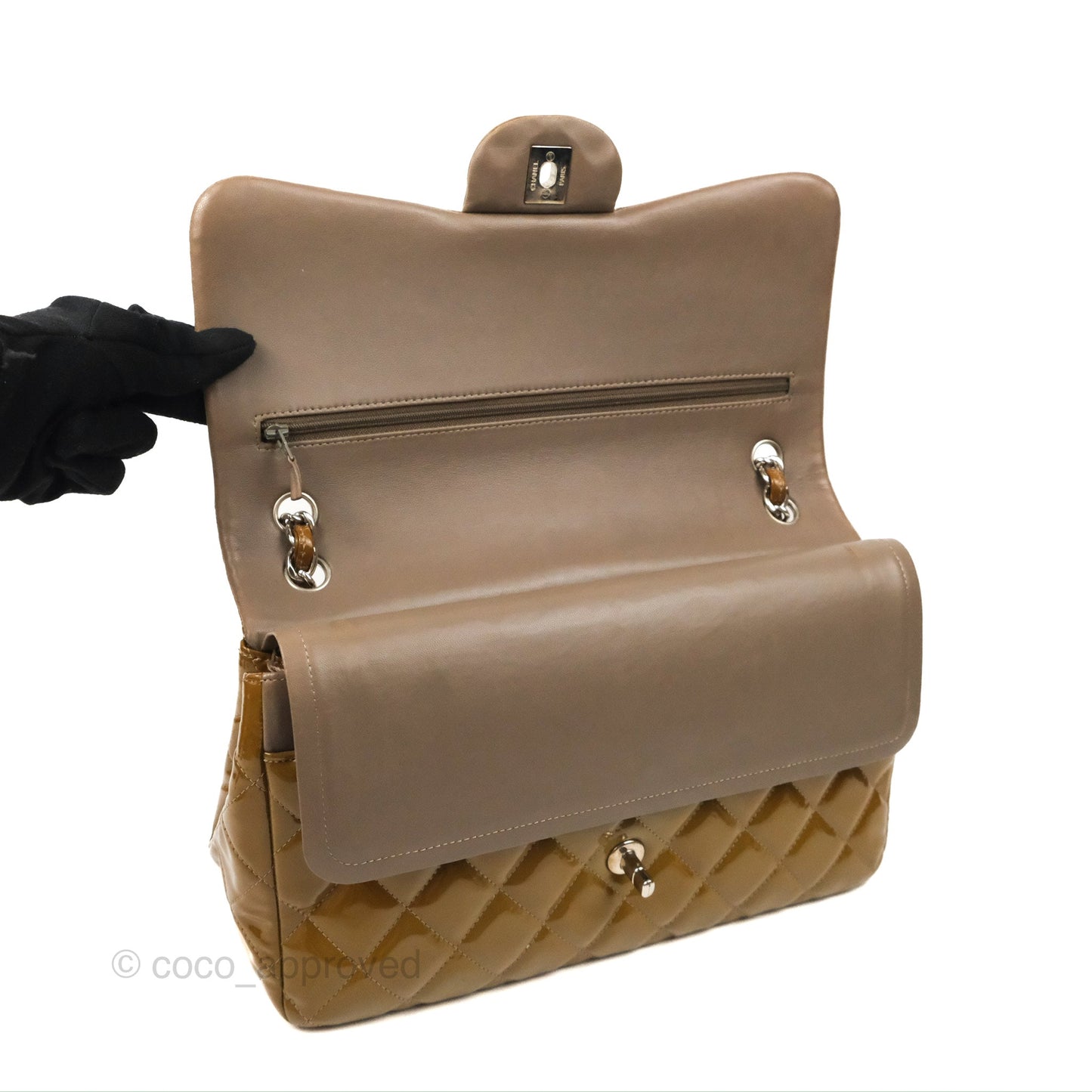 Chanel Jumbo Double Flap Brown Patent Silver Hardware⁣⁣