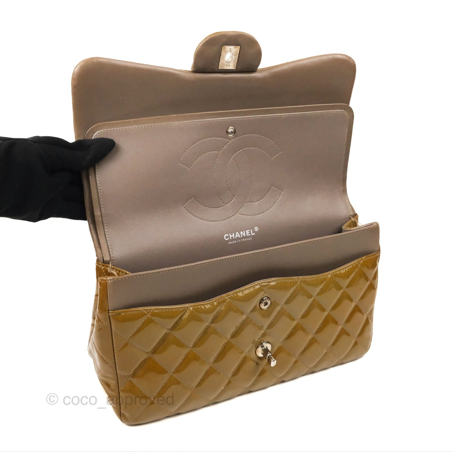 Chanel Jumbo Double Flap Brown Patent Silver Hardware⁣⁣