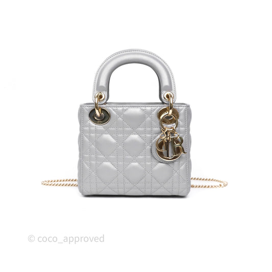 Christian Dior Mini Lady Dior Iridescent Grey Lambskin Cannage Gold Hardware