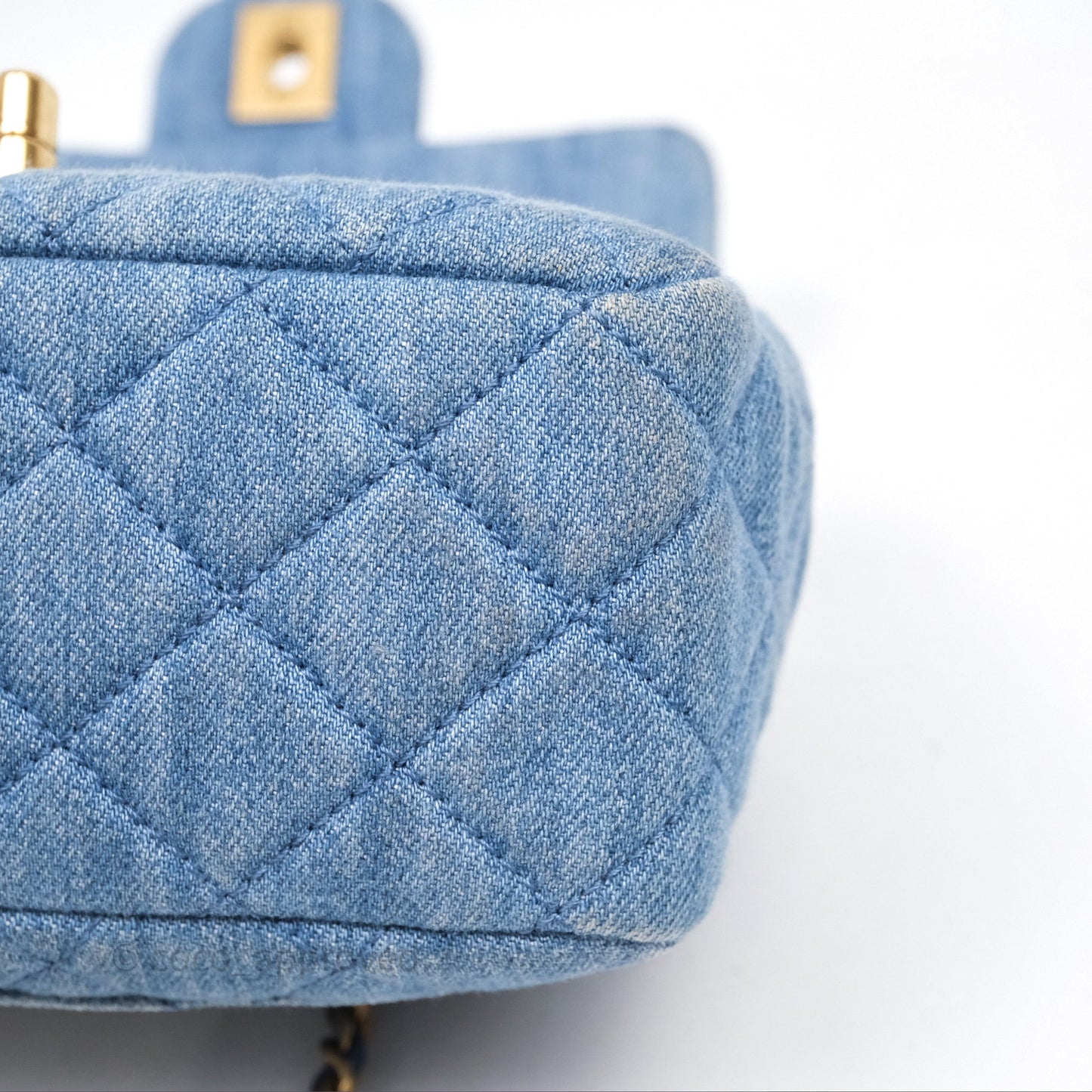Chanel Mini Square Pearl Crush Quilted Denim Aged Gold Hardware