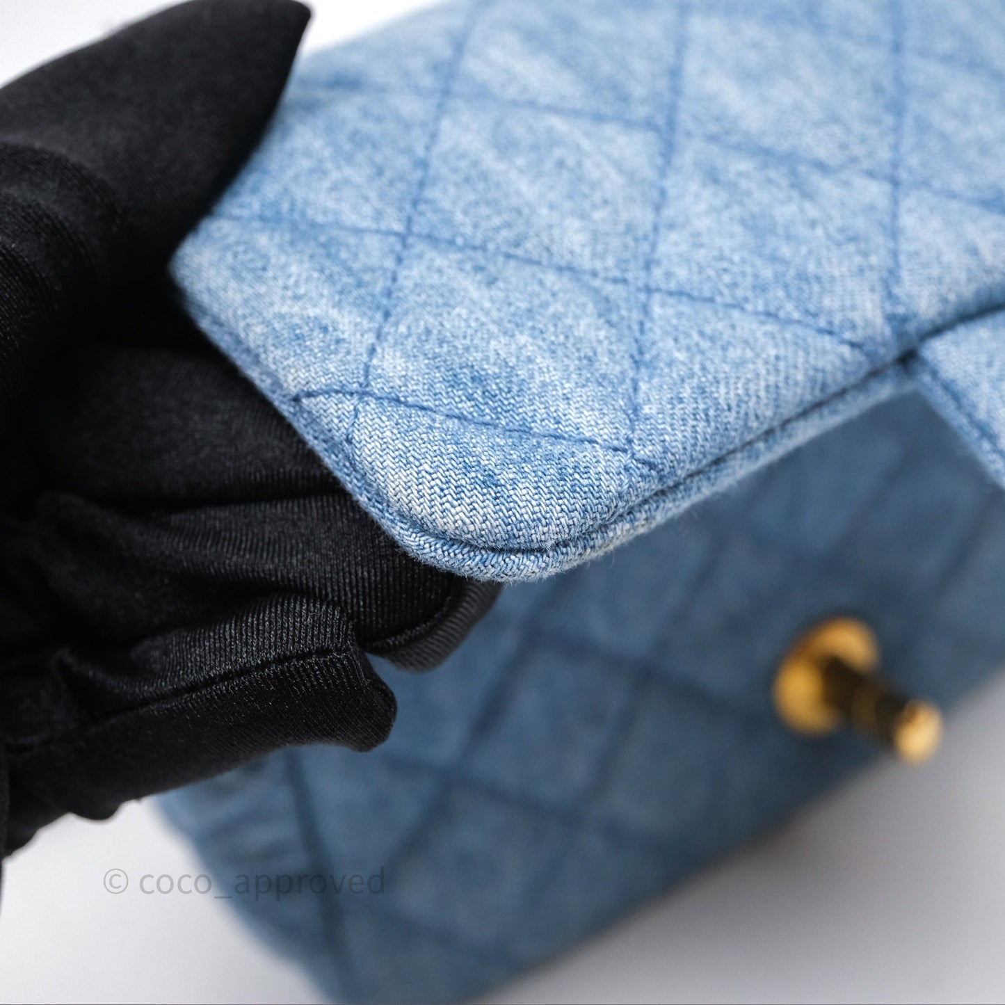 Chanel Mini Square Pearl Crush Quilted Denim Aged Gold Hardware