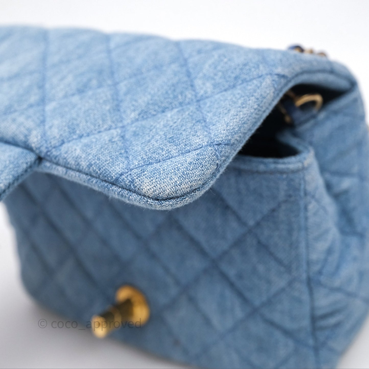 Chanel Mini Square Pearl Crush Quilted Denim Aged Gold Hardware