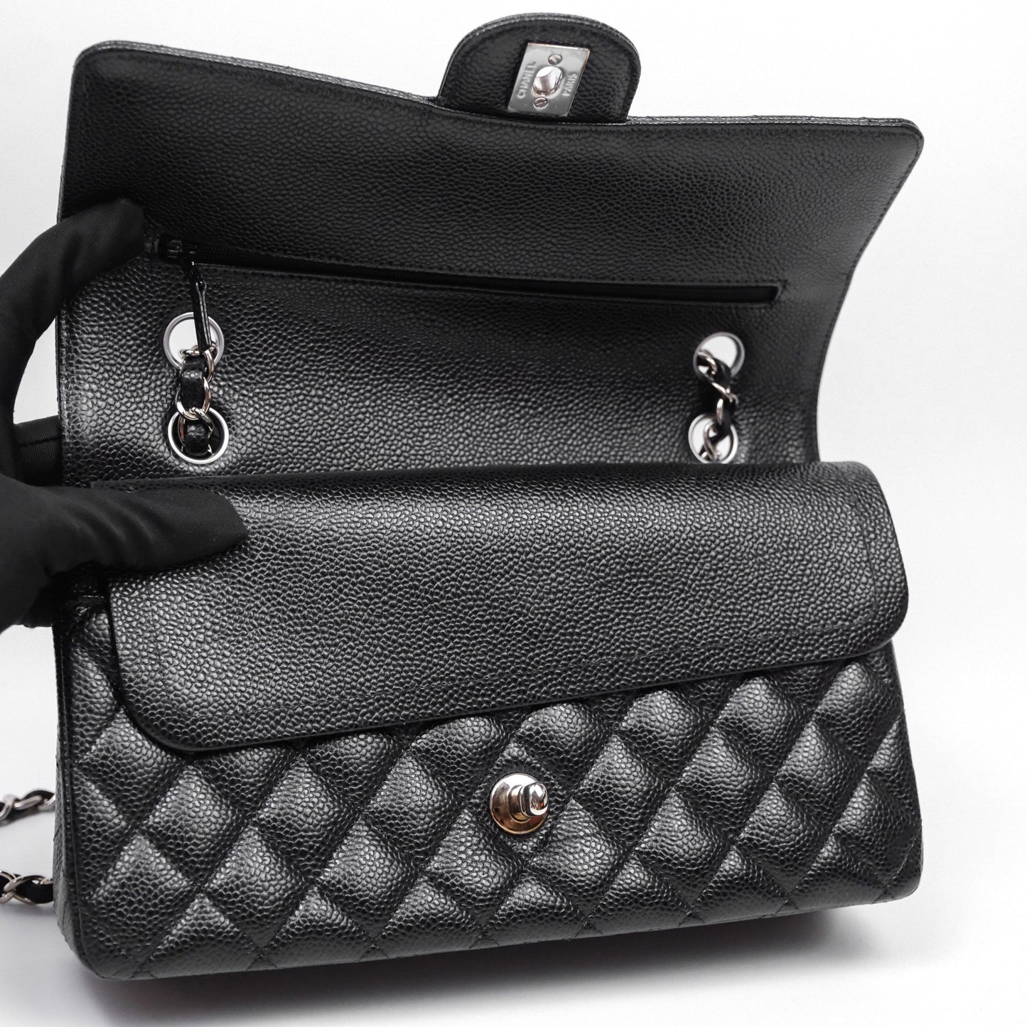 Chanel Classic M/L Medium Flap Quilted Black Caviar Silver Hardware