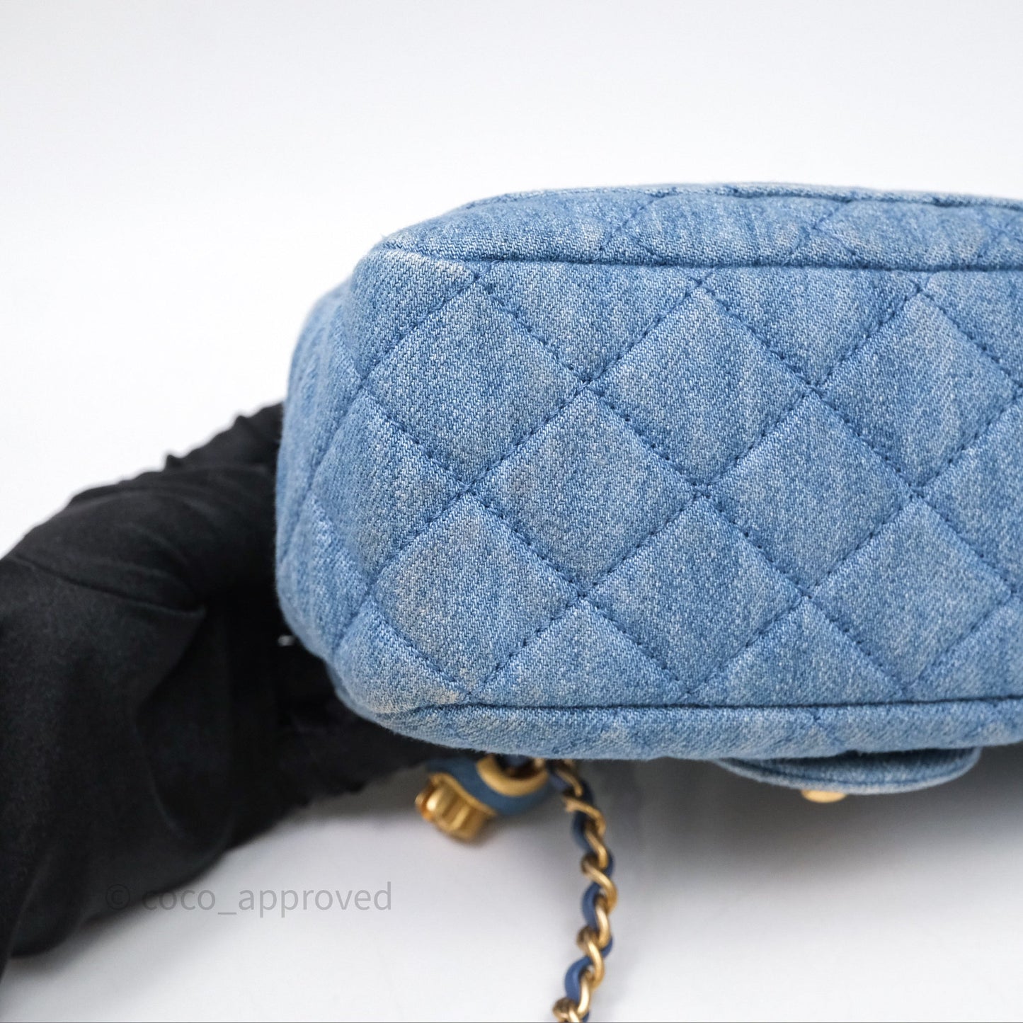 Chanel Mini Square Pearl Crush Quilted Denim Aged Gold Hardware