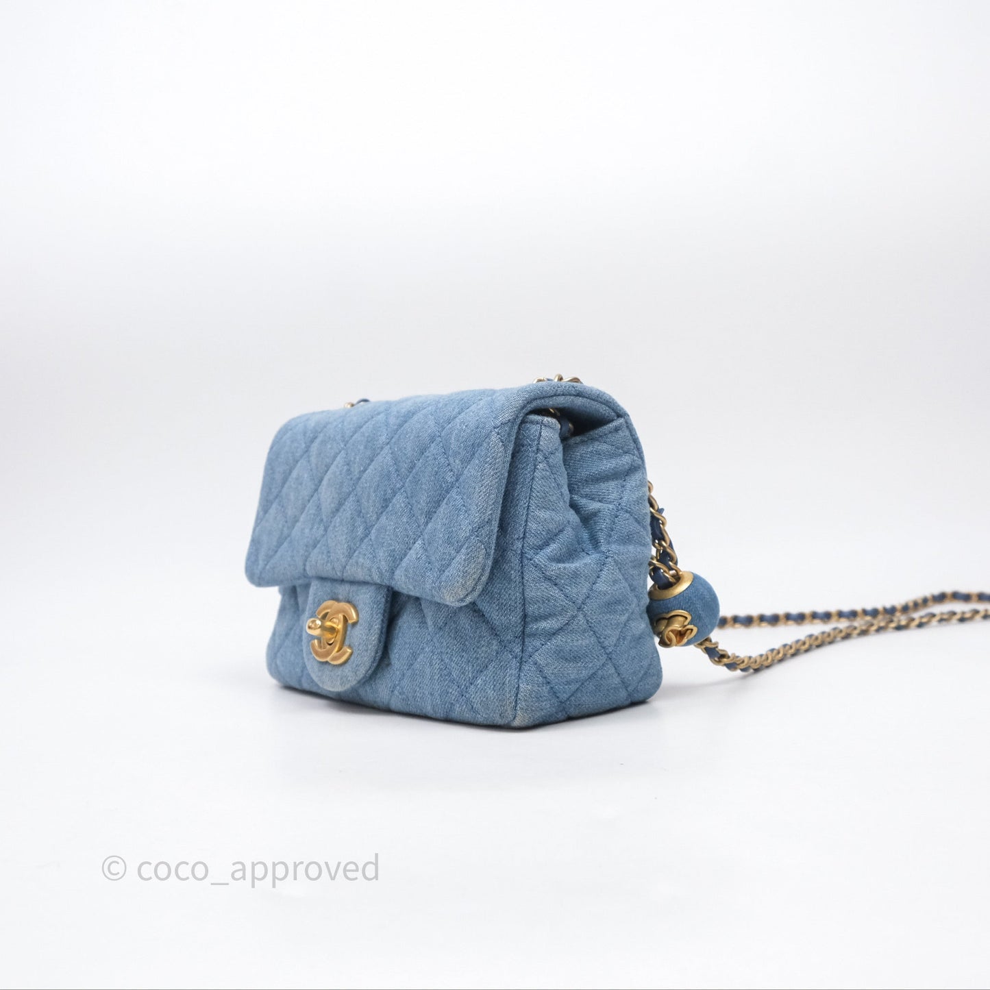 Chanel Mini Square Pearl Crush Quilted Denim Aged Gold Hardware