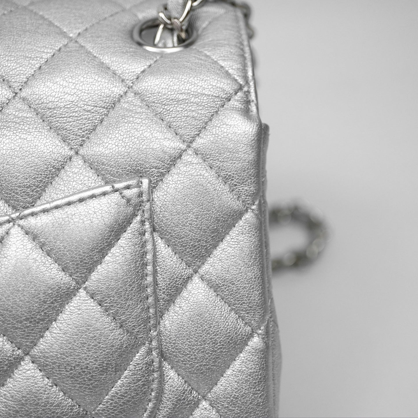 Chanel Quilted Mini Rectangular Flap Metallic Silver Lambskin Silver Hardware