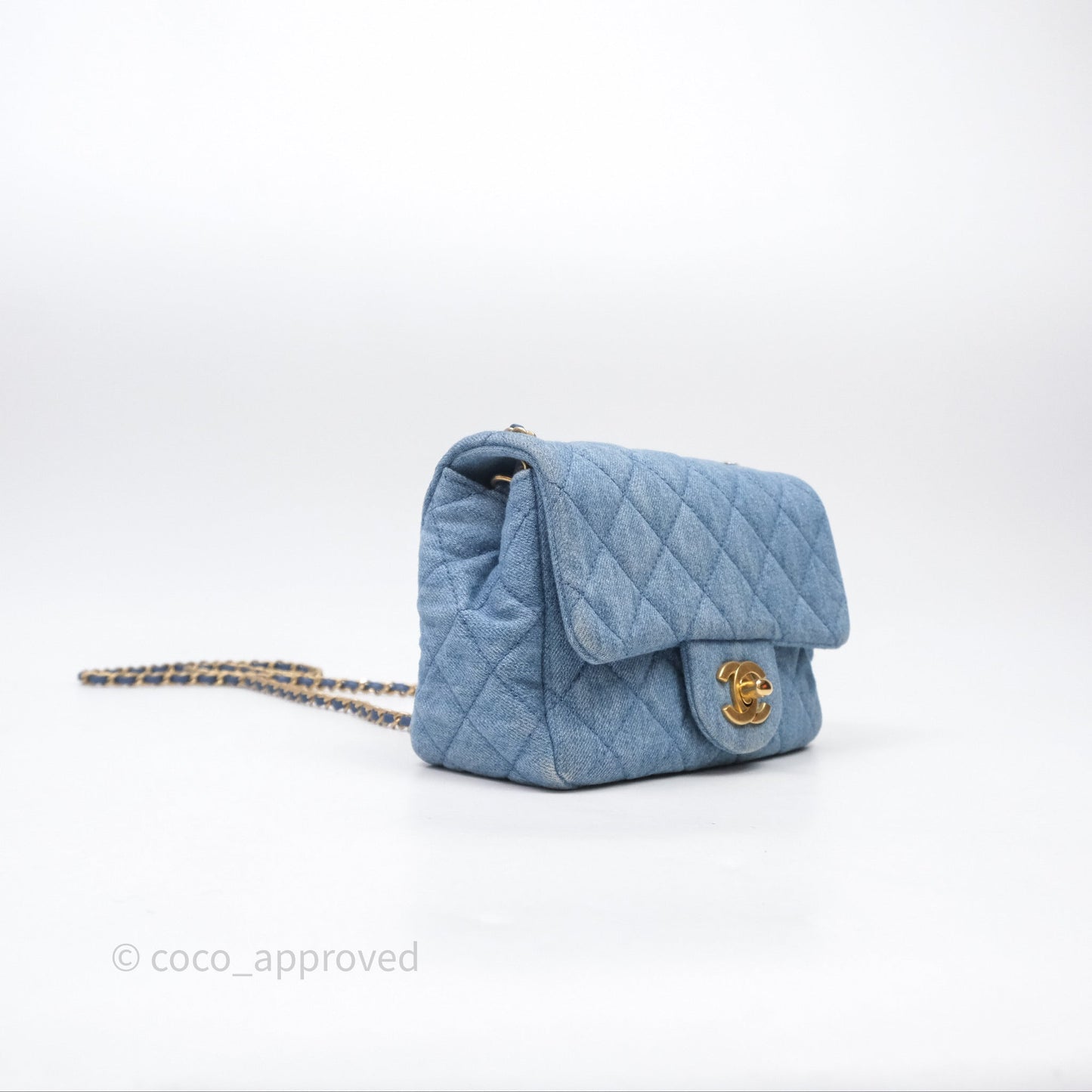 Chanel Mini Square Pearl Crush Quilted Denim Aged Gold Hardware