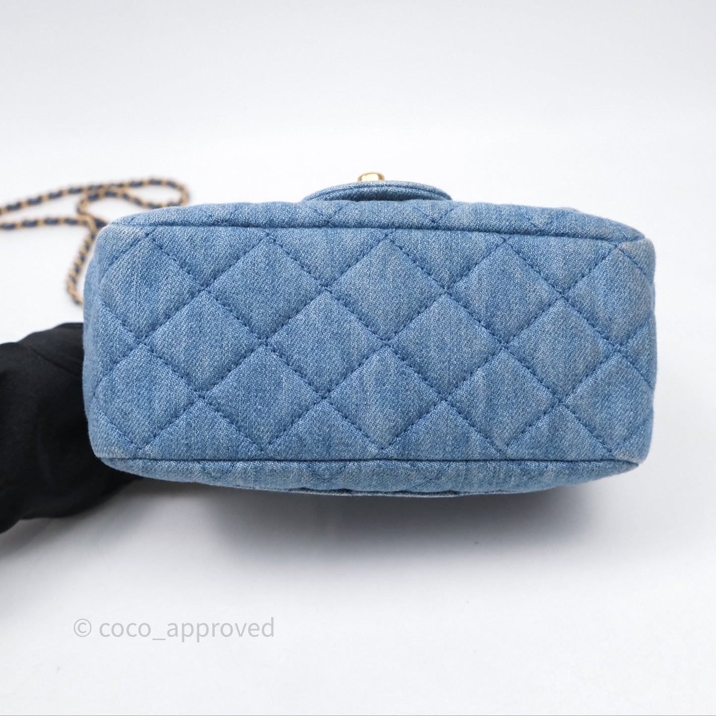 Chanel Mini Square Pearl Crush Quilted Denim Aged Gold Hardware