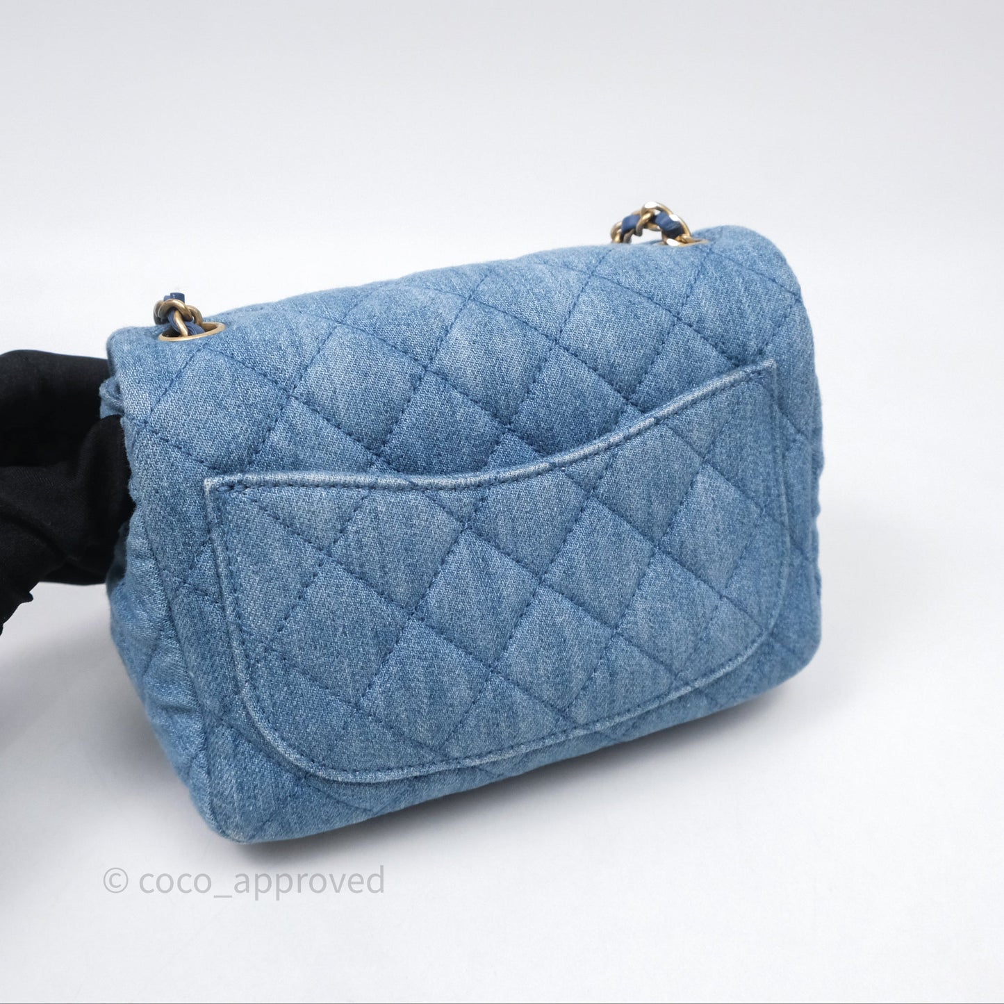 Chanel Mini Square Pearl Crush Quilted Denim Aged Gold Hardware
