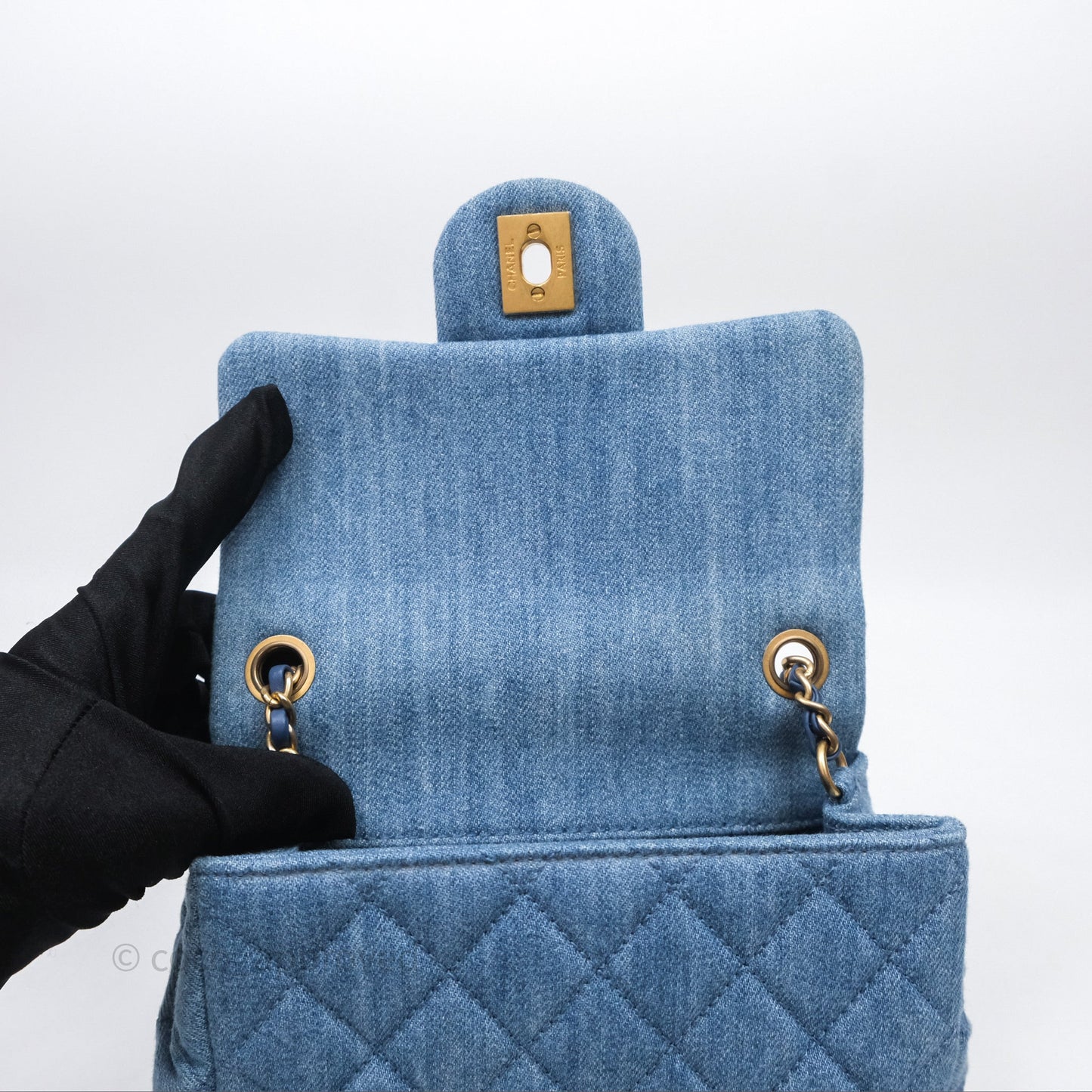 Chanel Mini Square Pearl Crush Quilted Denim Aged Gold Hardware