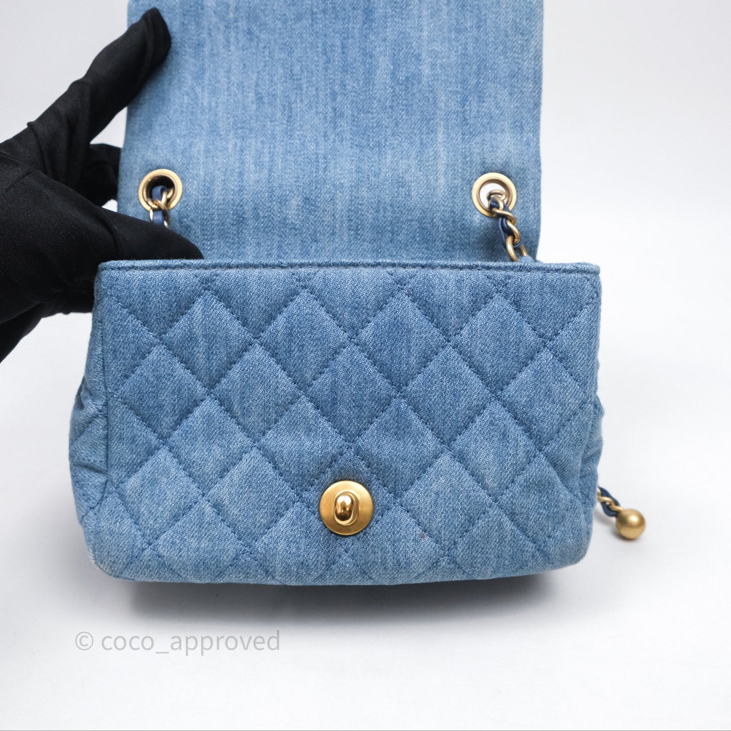 Chanel Mini Square Pearl Crush Quilted Denim Aged Gold Hardware