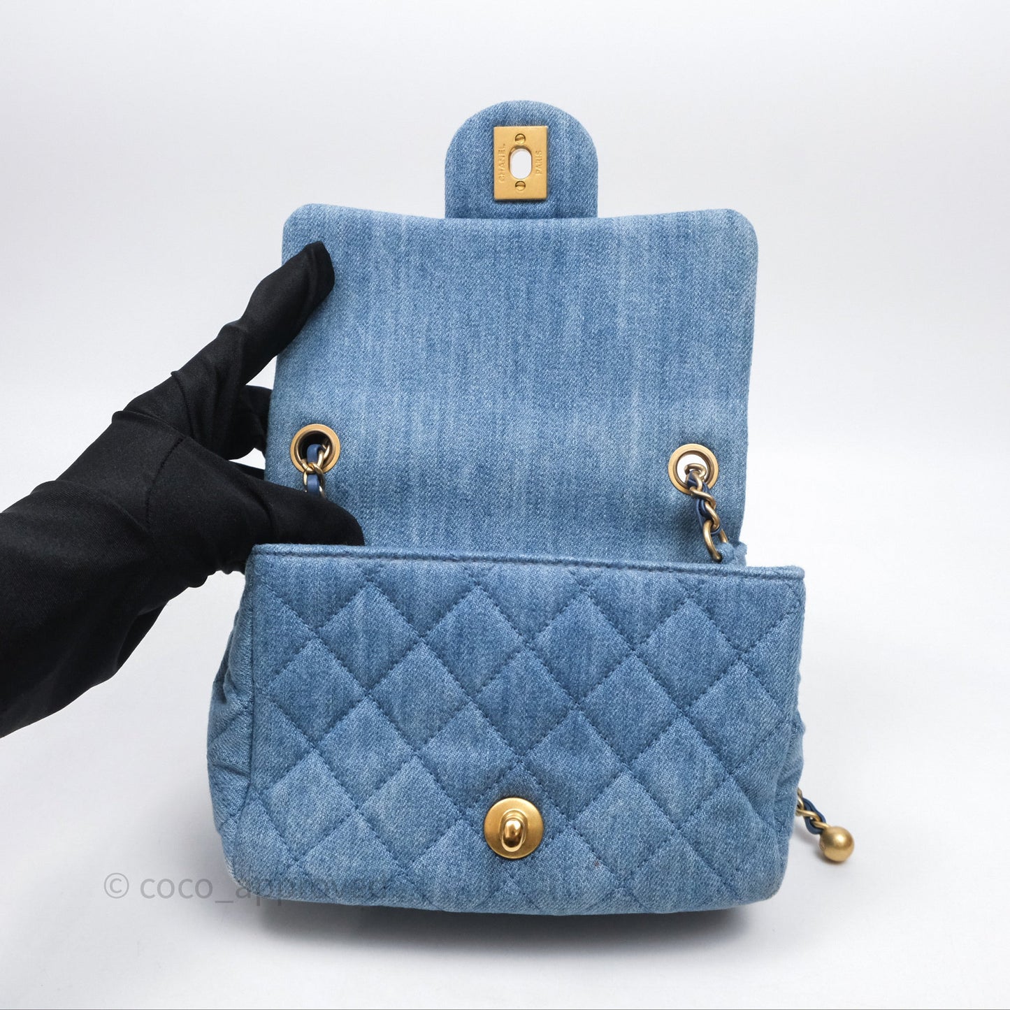 Chanel Mini Square Pearl Crush Quilted Denim Aged Gold Hardware