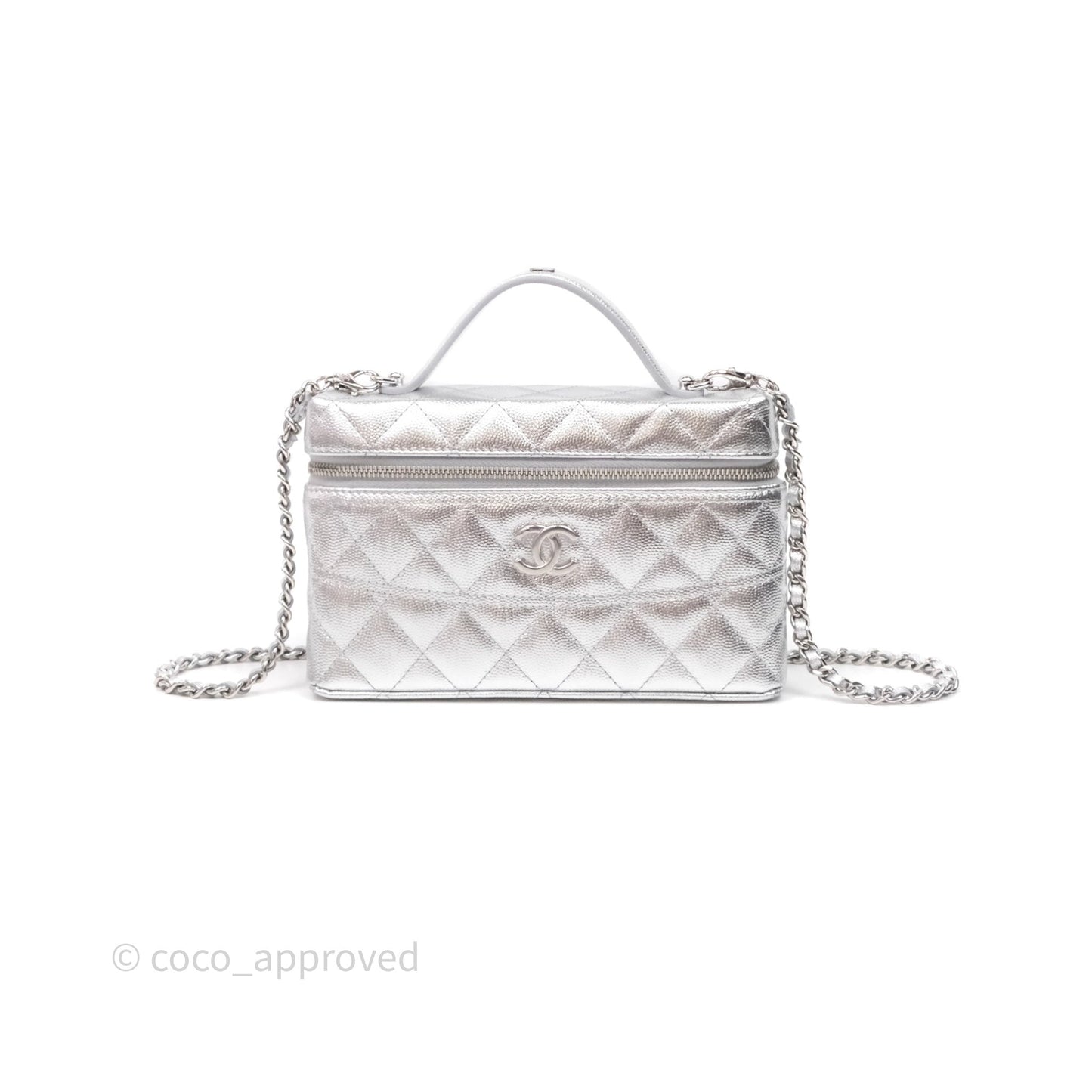 Chanel Top Handle Long Vanity Case with Chain Metallic Silver Shiny Caviar Silver Hardware