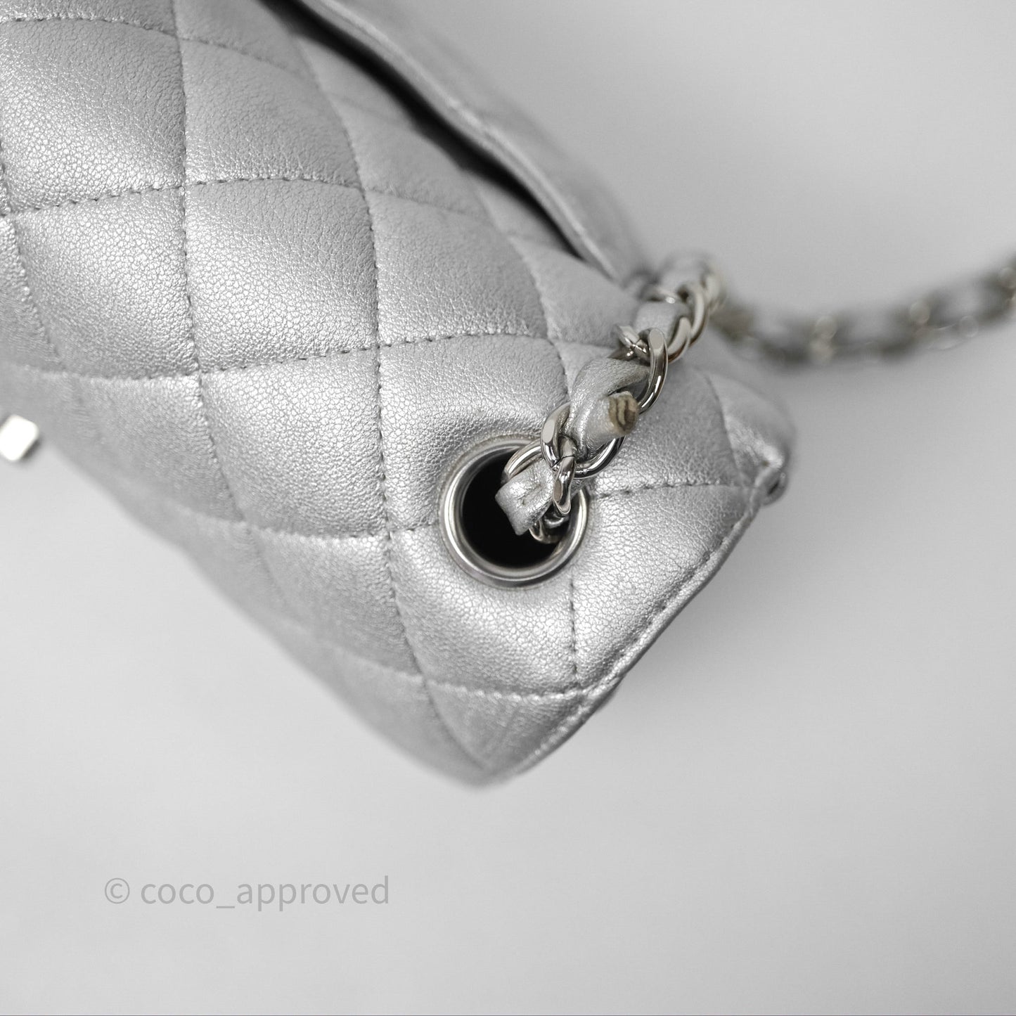 Chanel Quilted Mini Rectangular Flap Metallic Silver Lambskin Silver Hardware