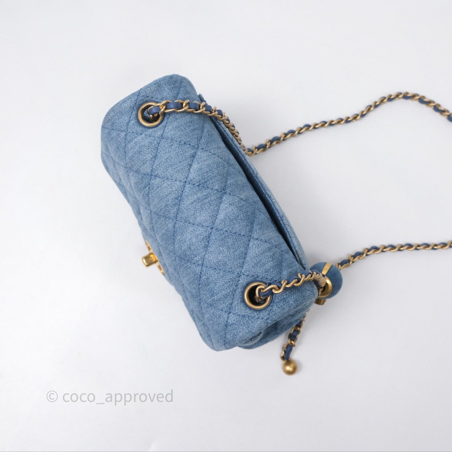 Chanel Mini Square Pearl Crush Quilted Denim Aged Gold Hardware