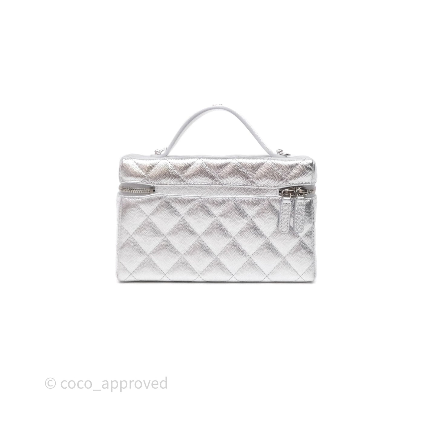 Chanel Top Handle Long Vanity Case with Chain Metallic Silver Shiny Caviar Silver Hardware