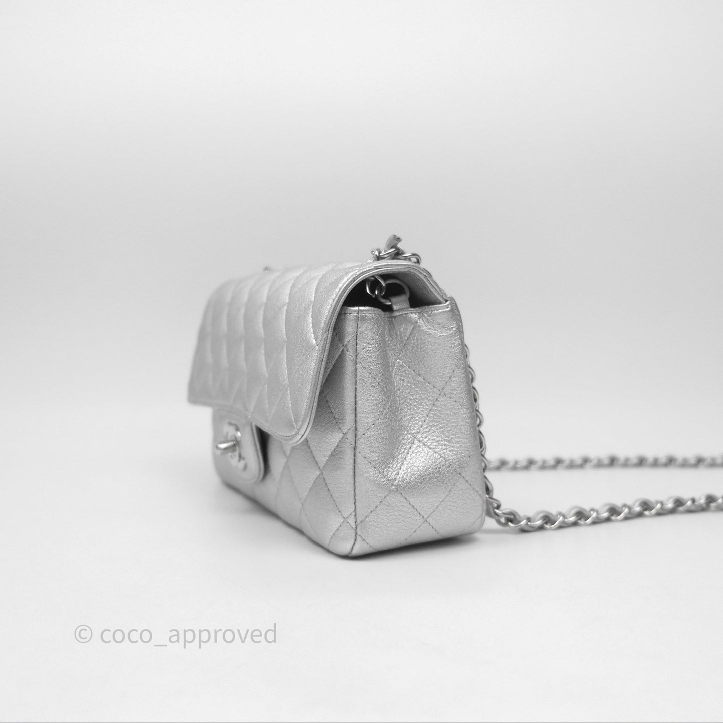 Chanel Quilted Mini Rectangular Flap Metallic Silver Lambskin Silver Hardware