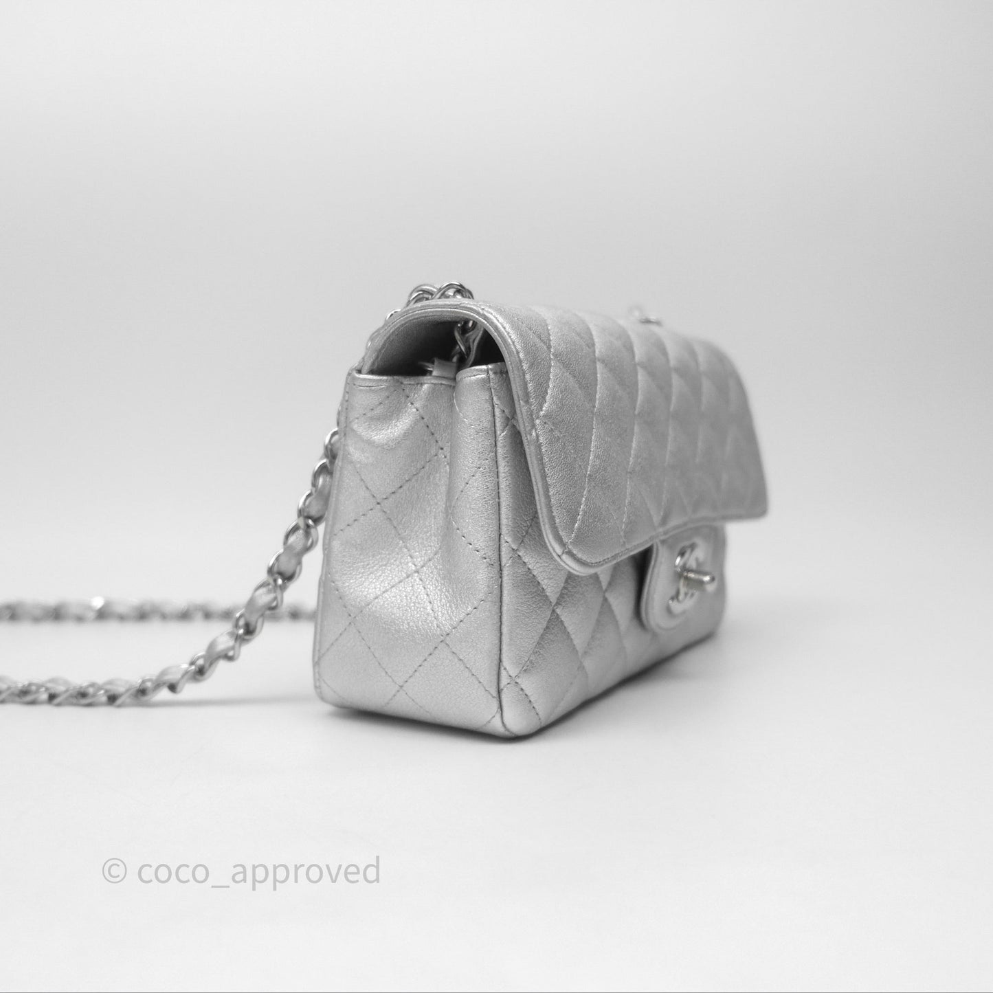 Chanel Quilted Mini Rectangular Flap Metallic Silver Lambskin Silver Hardware